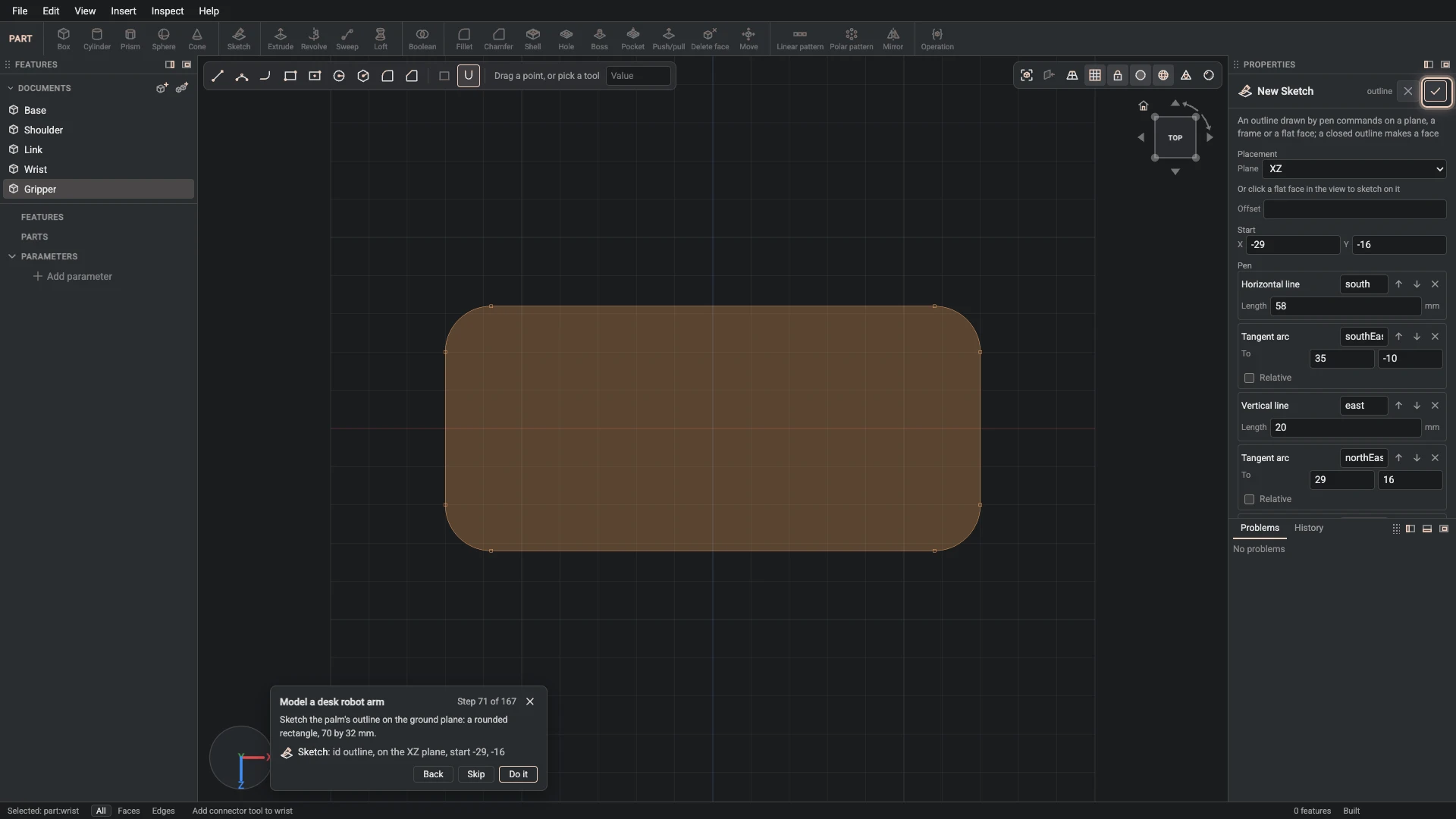 Model a desk robot arm, step 71: the Sketch dialog filled in with the step's values, the tutorial card beside it ringing OK