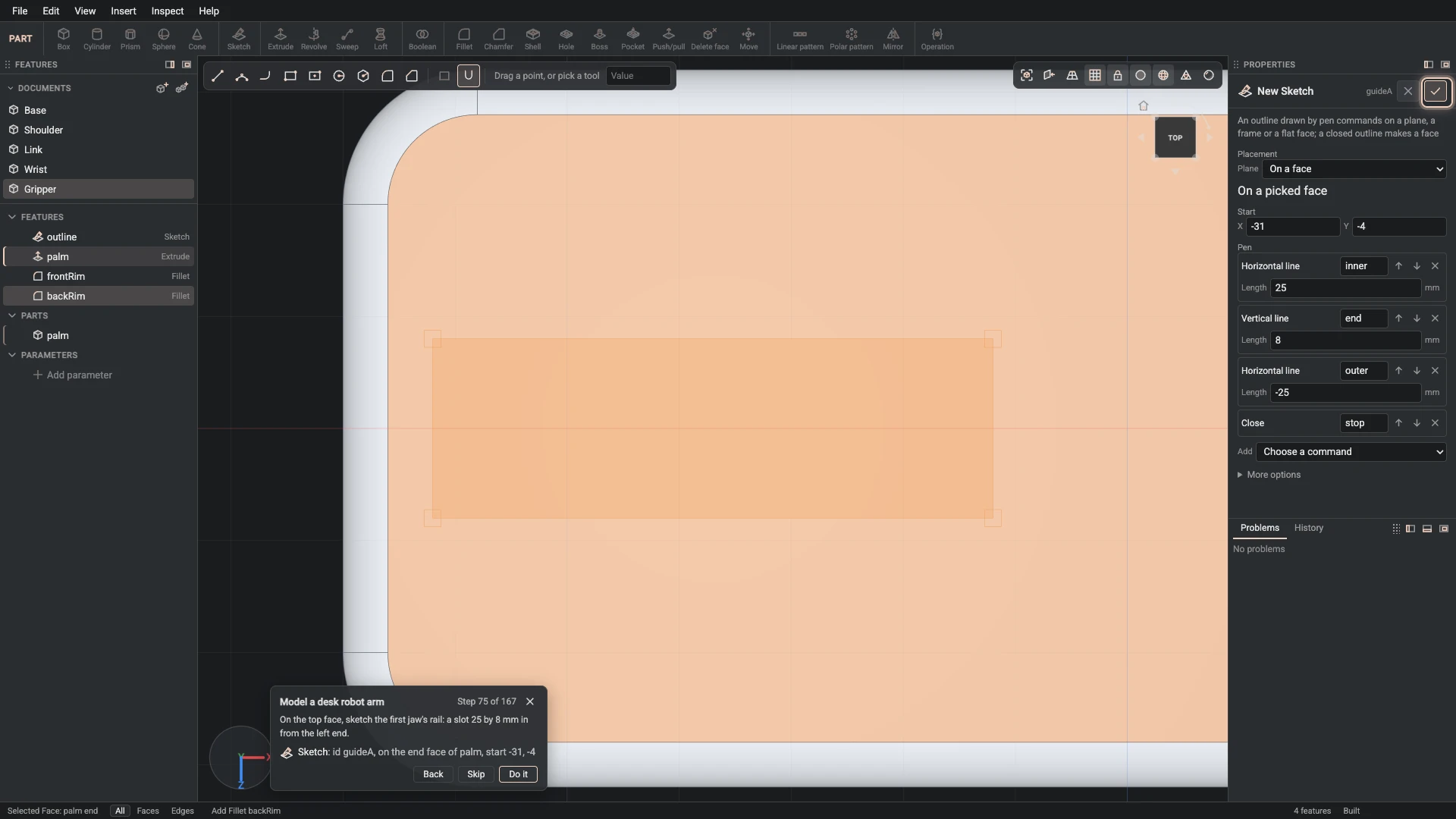 Model a desk robot arm, step 75: the Sketch dialog filled in with the step's values, the tutorial card beside it ringing OK