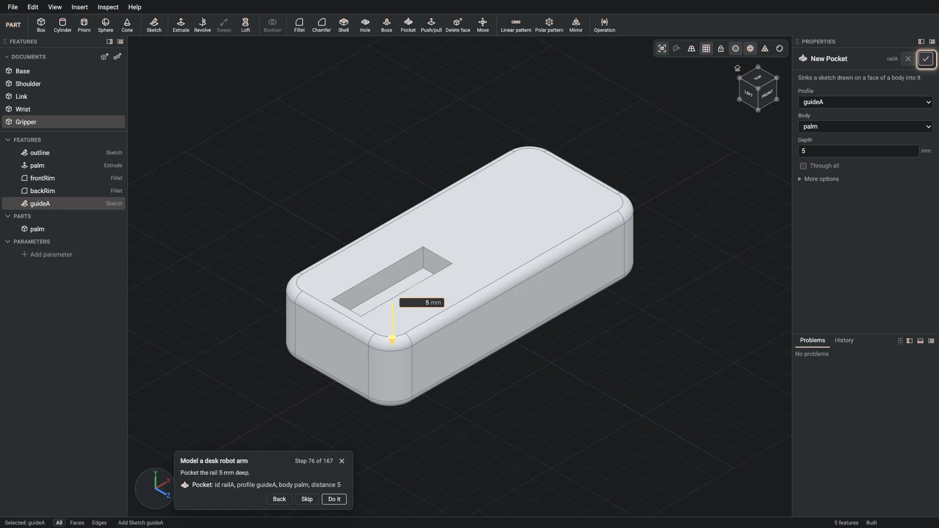 Model a desk robot arm, step 76: the Pocket dialog filled in with the step's values, the tutorial card beside it ringing OK
