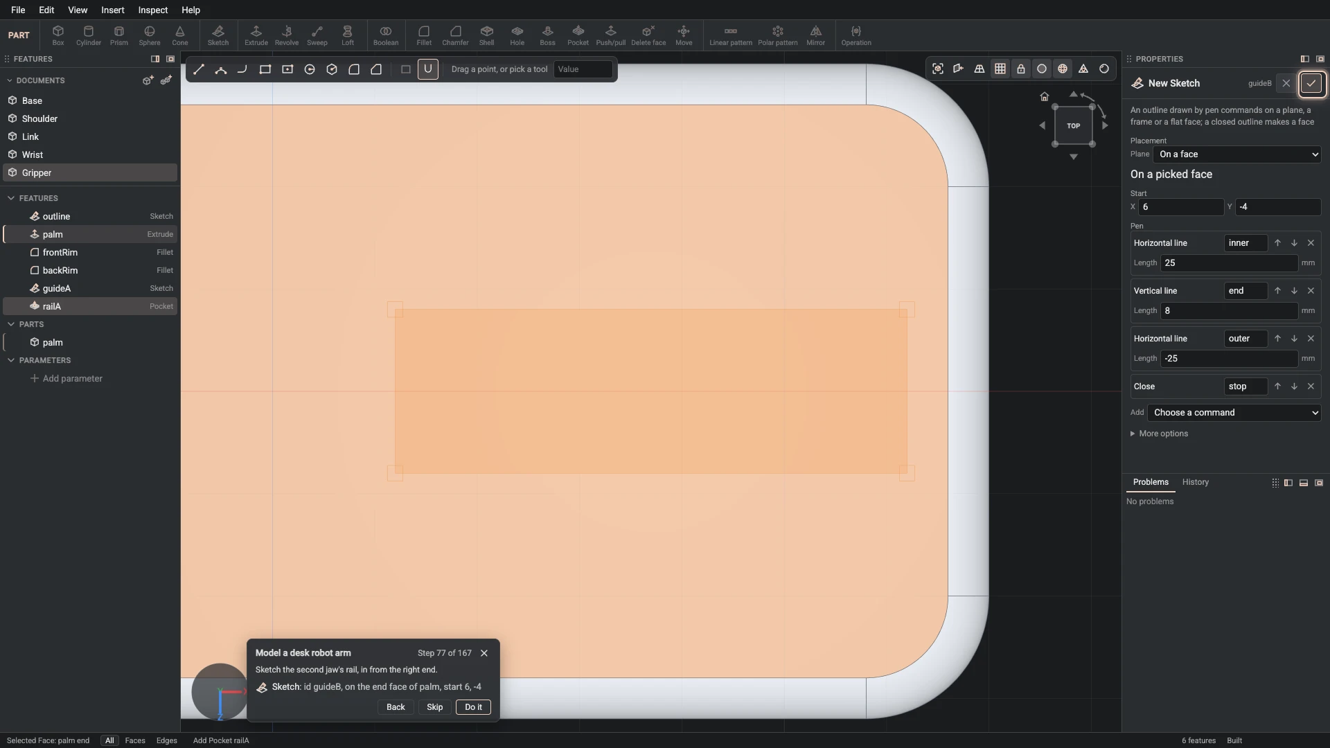 Model a desk robot arm, step 77: the Sketch dialog filled in with the step's values, the tutorial card beside it ringing OK