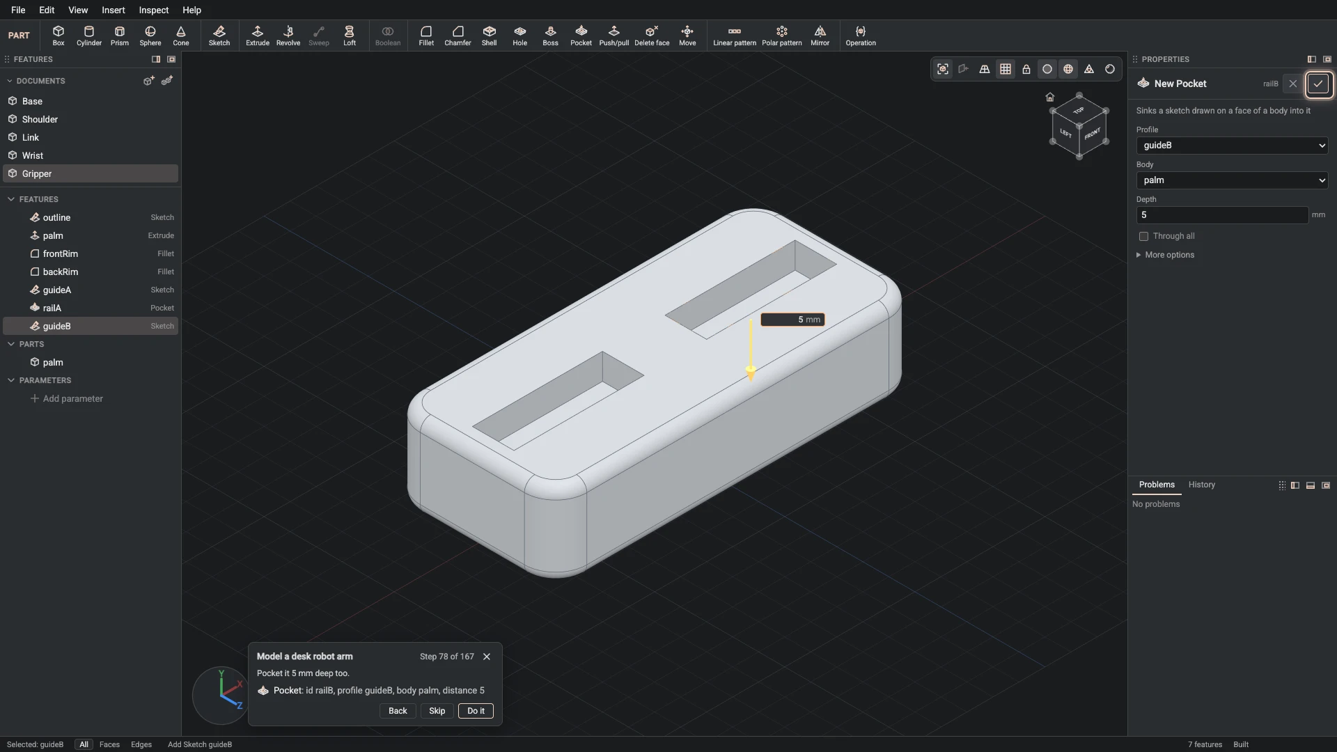 Model a desk robot arm, step 78: the Pocket dialog filled in with the step's values, the tutorial card beside it ringing OK