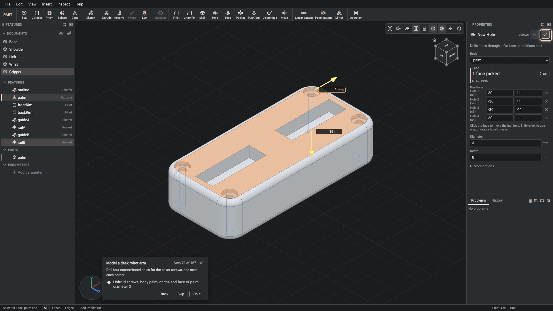 Model a desk robot arm, step 79: the Hole dialog filled in with the step's values, the tutorial card beside it ringing OK