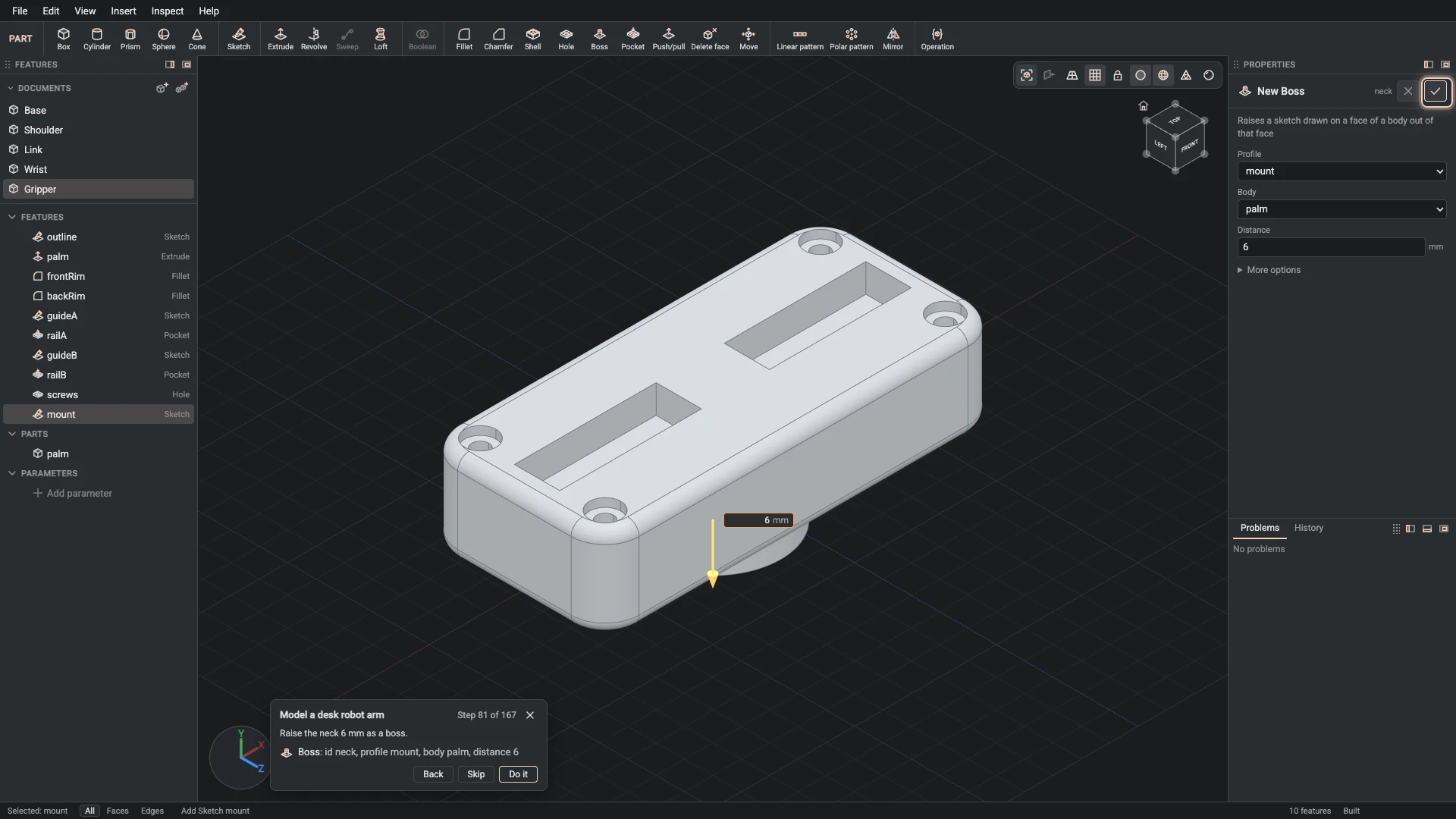 Model a desk robot arm, step 81: the Boss dialog filled in with the step's values, the tutorial card beside it ringing OK