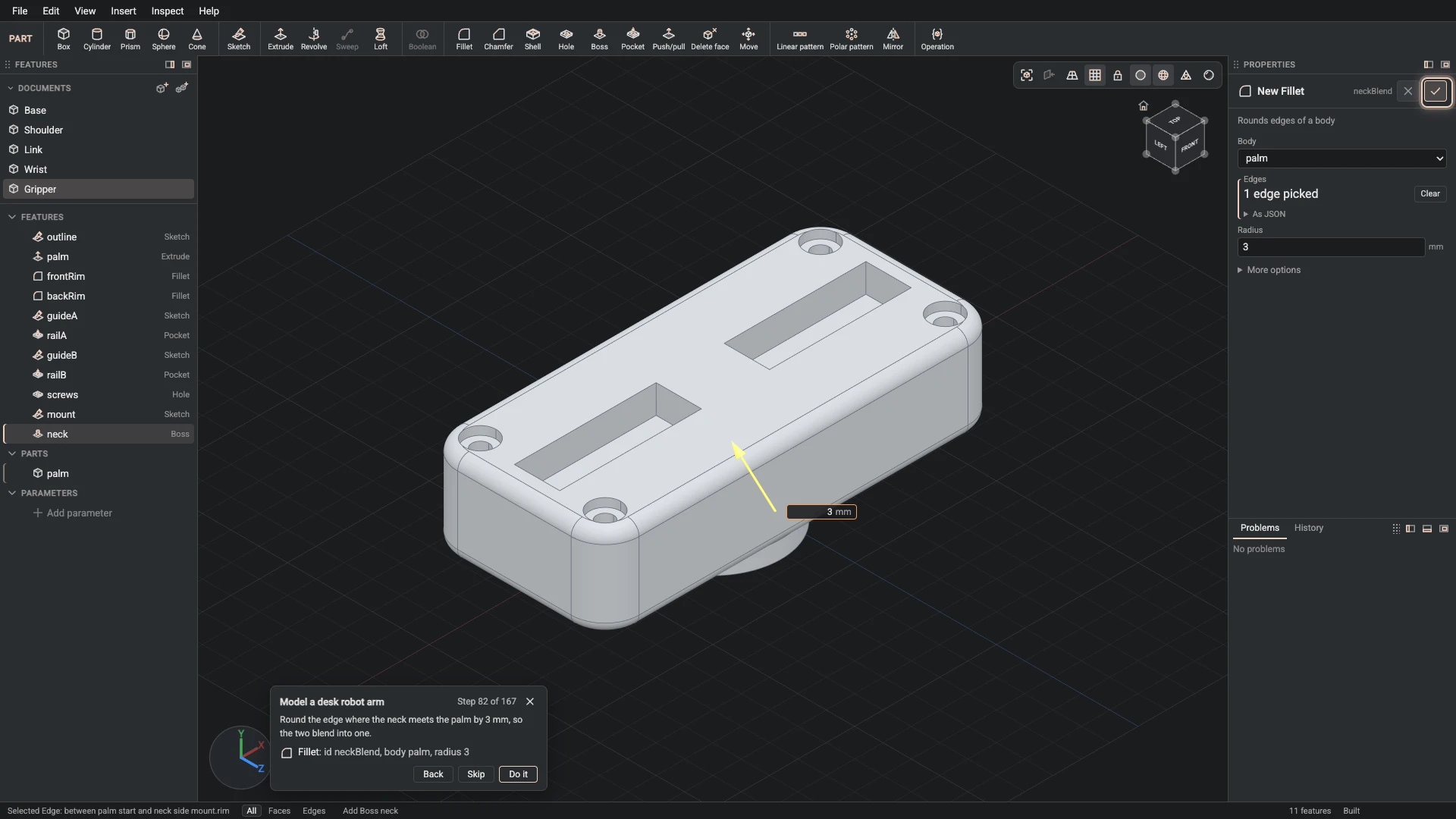 Model a desk robot arm, step 82: the Fillet dialog filled in with the step's values, the tutorial card beside it ringing OK