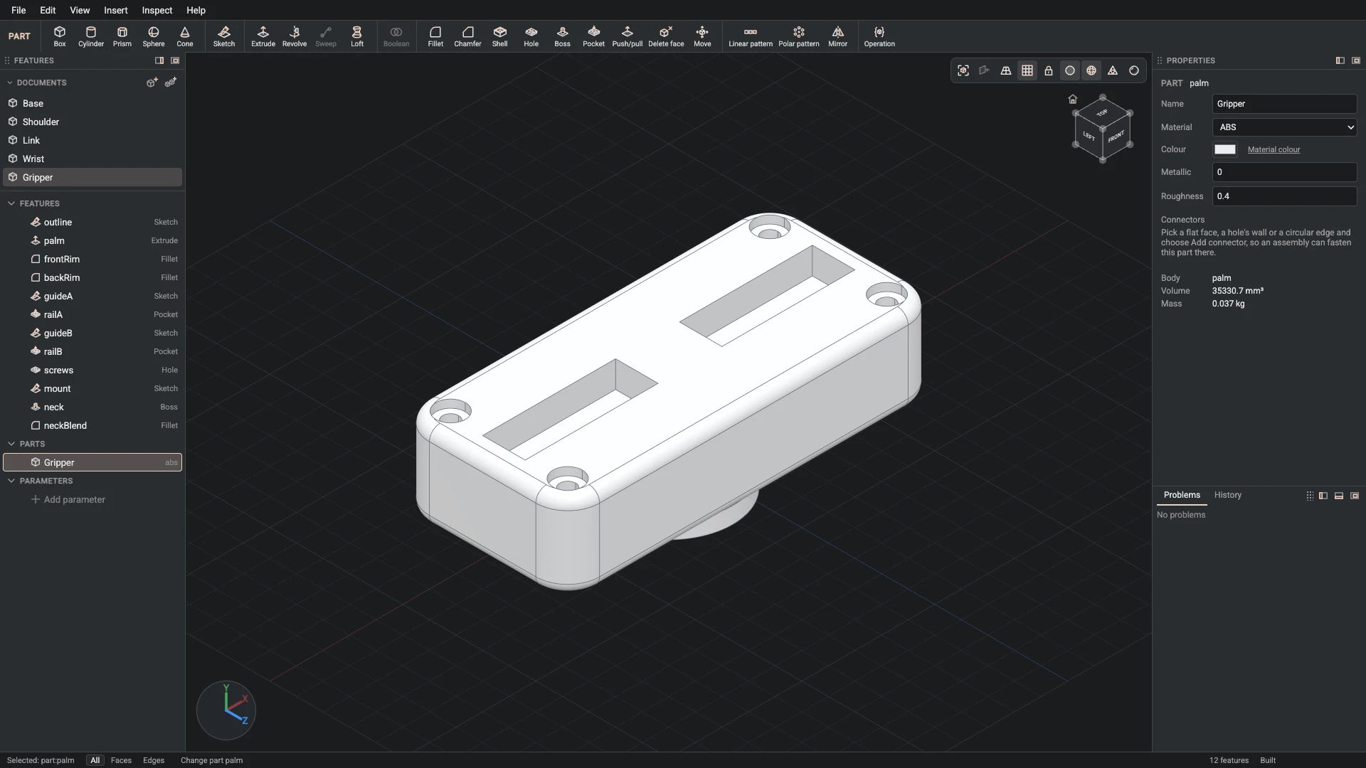 Model a desk robot arm, step 83: Part properties made, and what it made selected in the panels