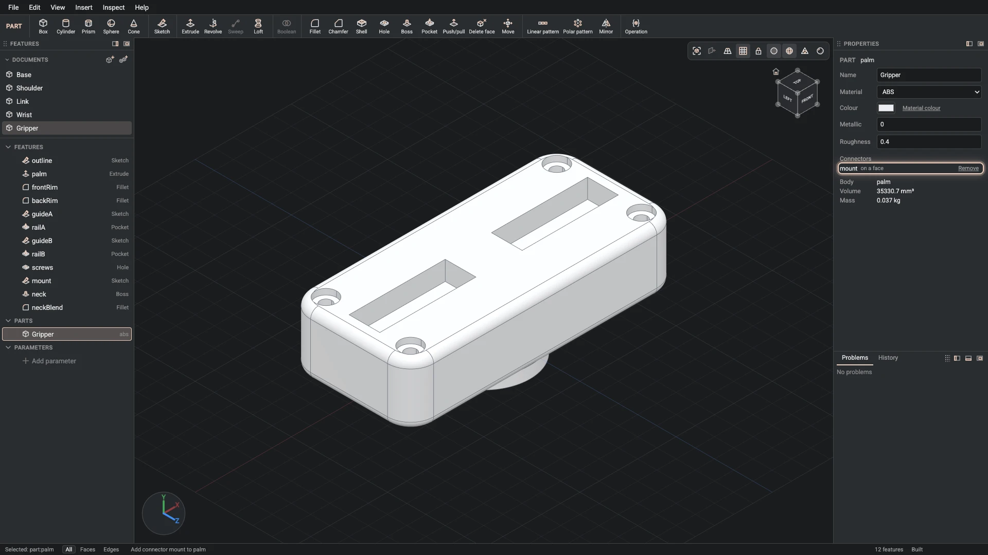 Model a desk robot arm, step 84: Add connector made, and what it made selected in the panels