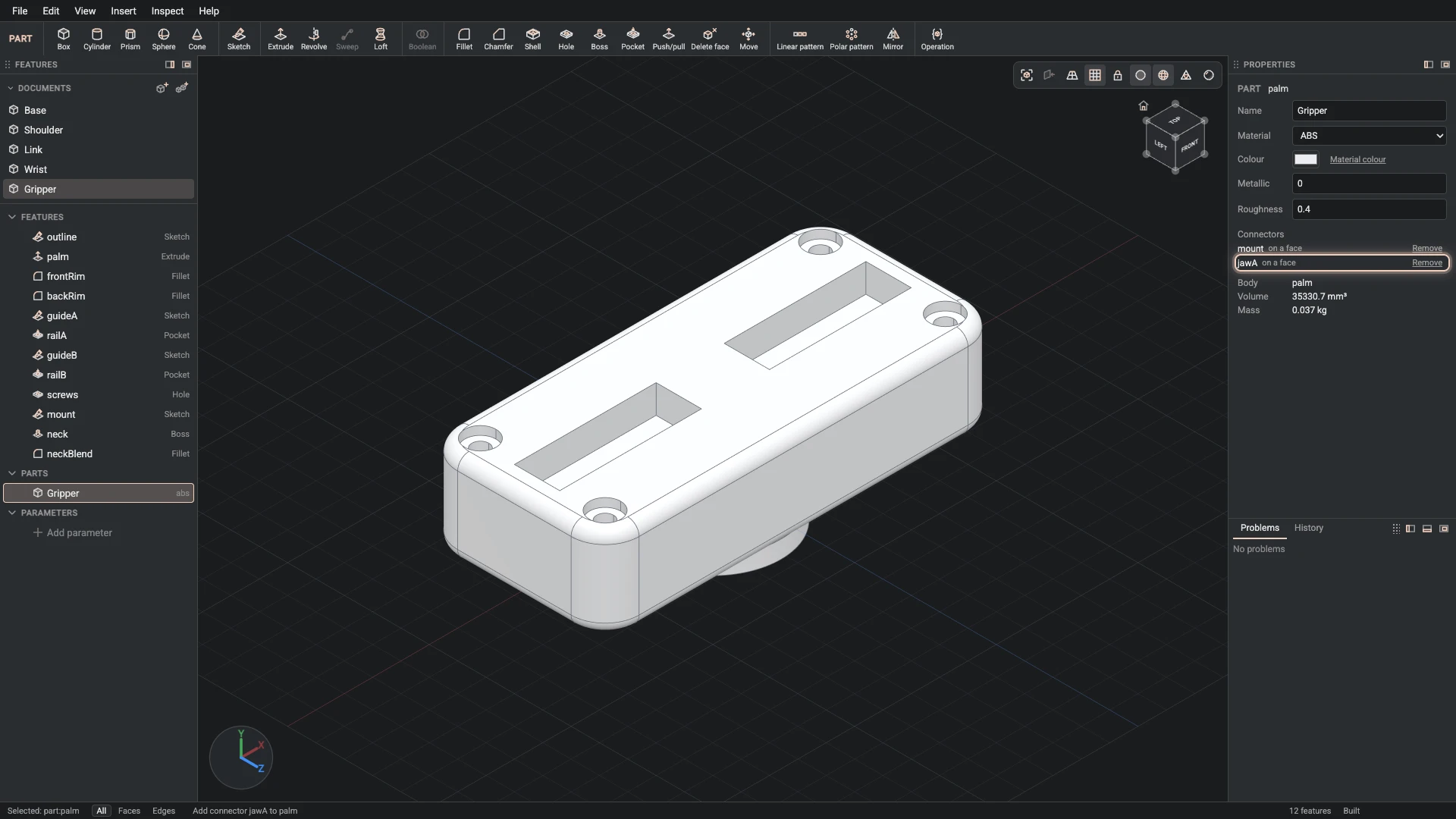 Model a desk robot arm, step 85: Add connector made, and what it made selected in the panels