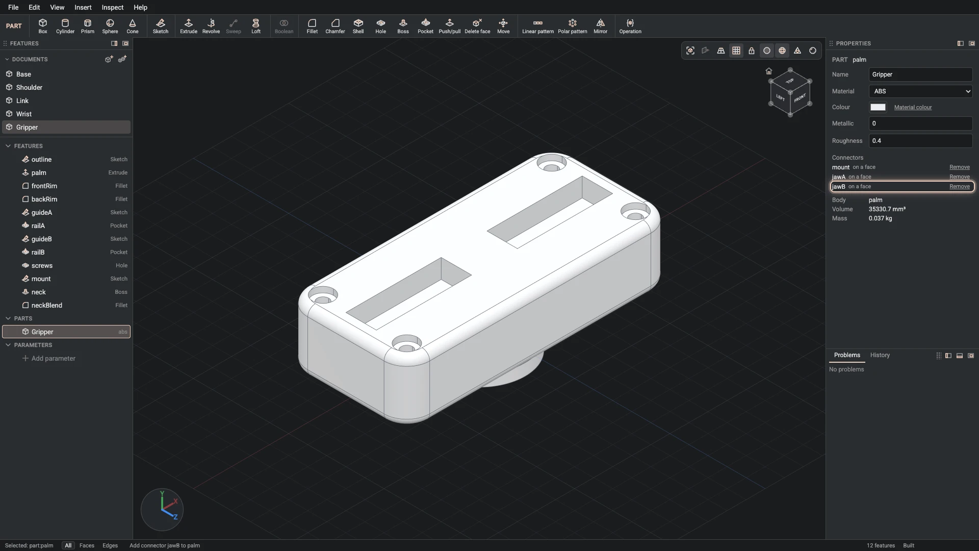 Model a desk robot arm, step 86: Add connector made, and what it made selected in the panels