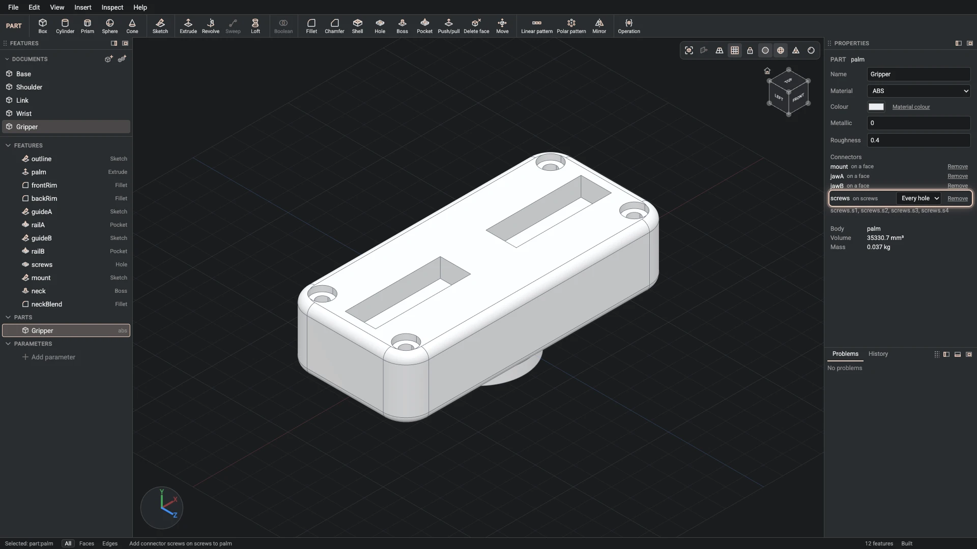 Model a desk robot arm, step 87: Add connector made, and what it made selected in the panels