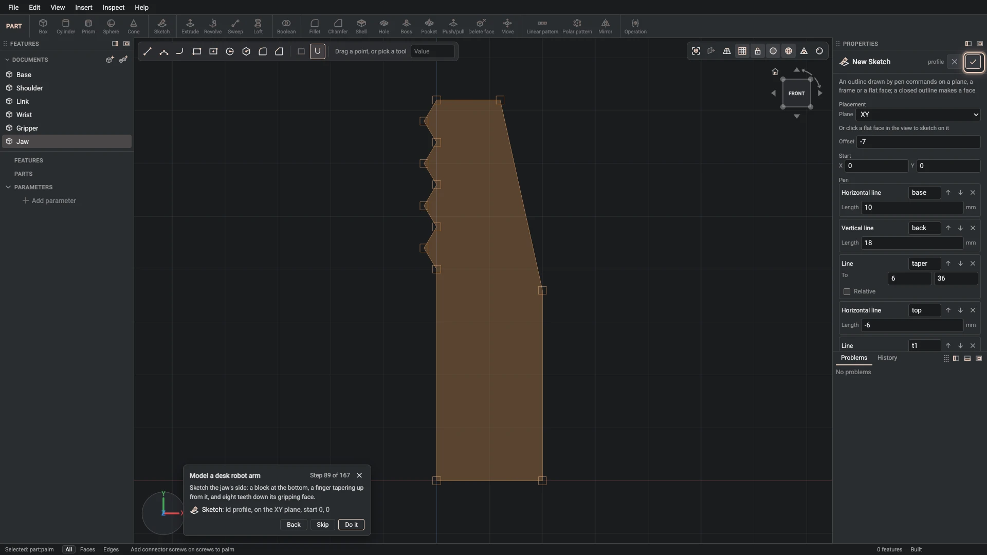 Model a desk robot arm, step 89: the Sketch dialog filled in with the step's values, the tutorial card beside it ringing OK