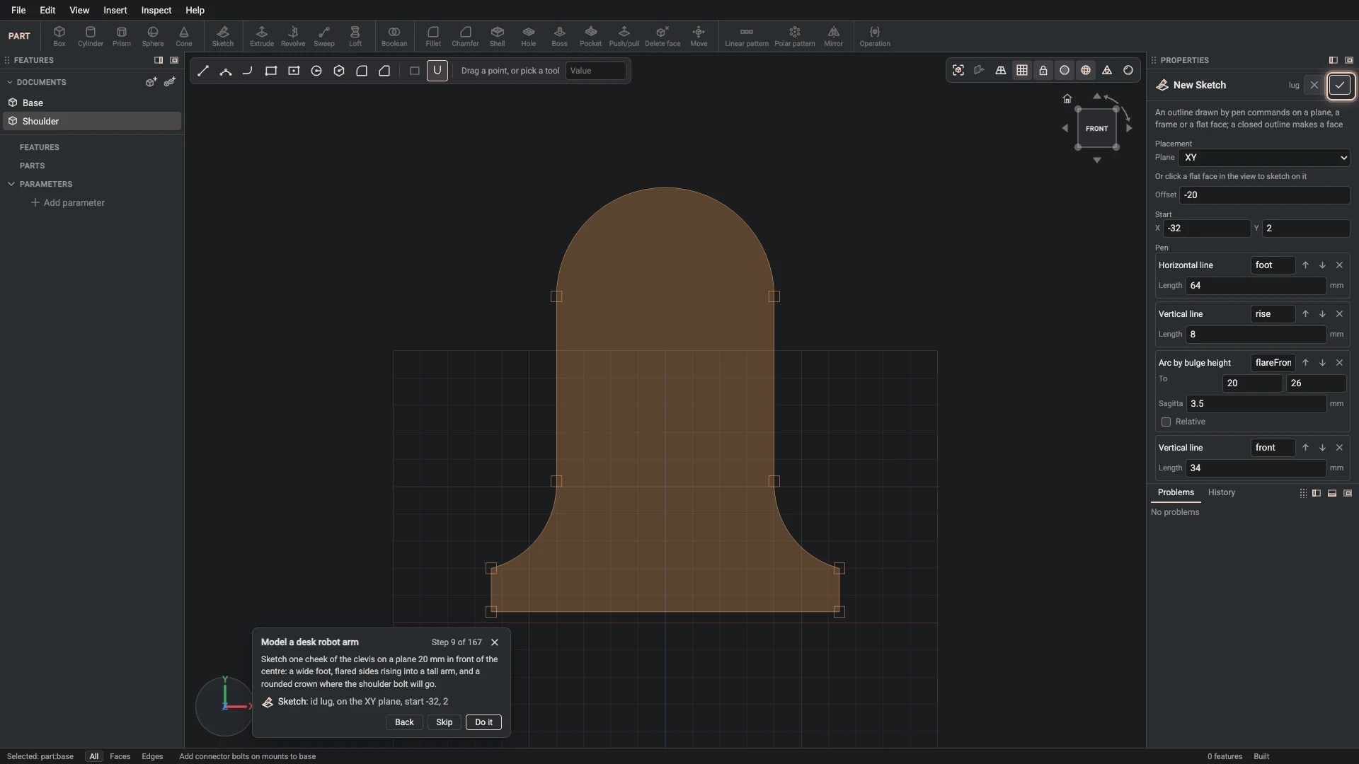 Model a desk robot arm, step 9: the Sketch dialog filled in with the step's values, the tutorial card beside it ringing OK