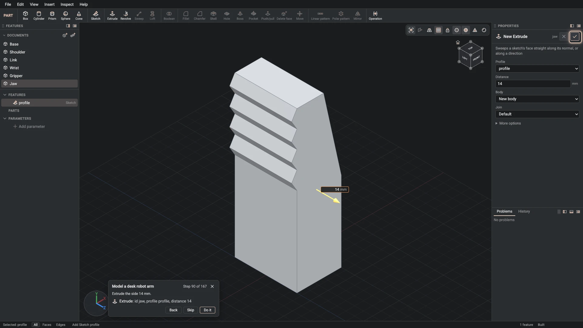 Model a desk robot arm, step 90: the Extrude dialog filled in with the step's values, the tutorial card beside it ringing OK