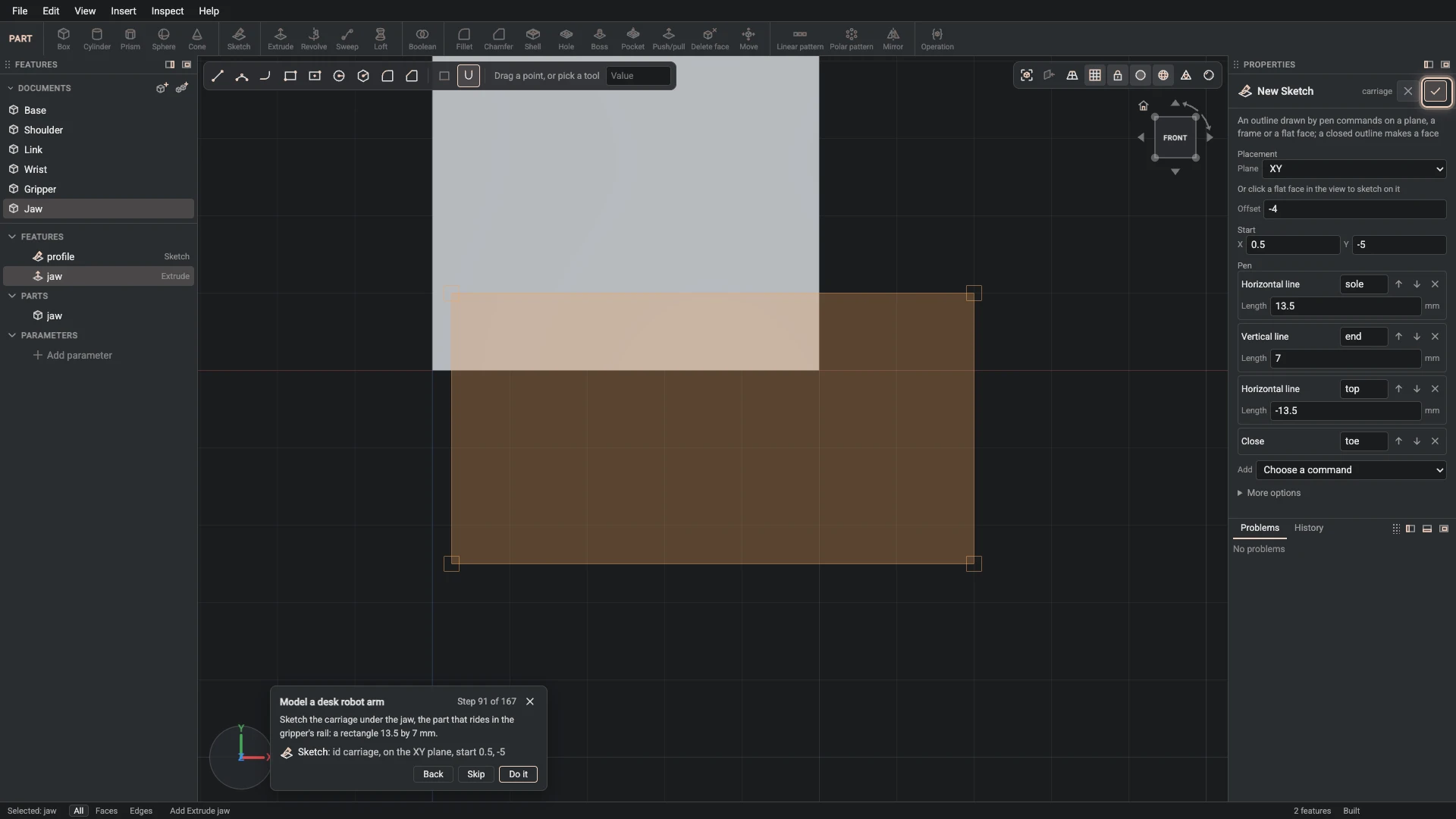 Model a desk robot arm, step 91: the Sketch dialog filled in with the step's values, the tutorial card beside it ringing OK