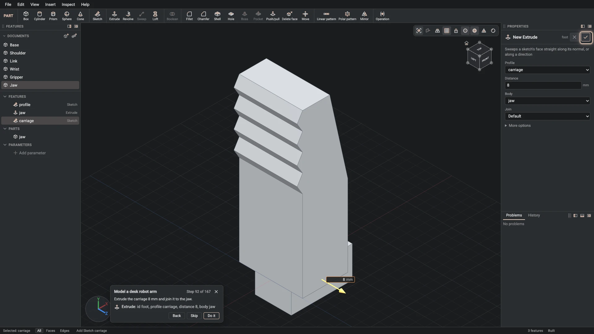 Model a desk robot arm, step 92: the Extrude dialog filled in with the step's values, the tutorial card beside it ringing OK