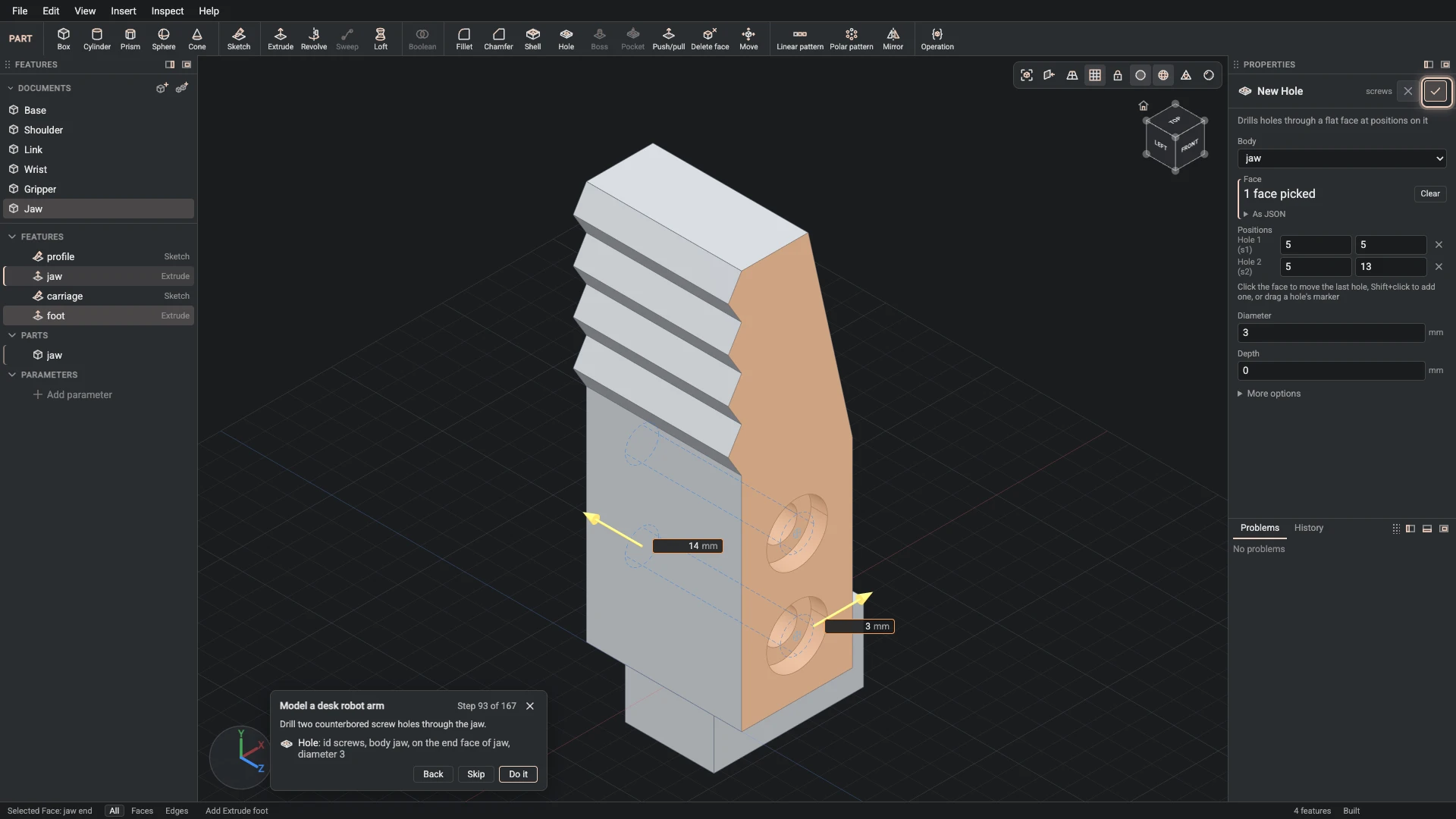 Model a desk robot arm, step 93: the Hole dialog filled in with the step's values, the tutorial card beside it ringing OK