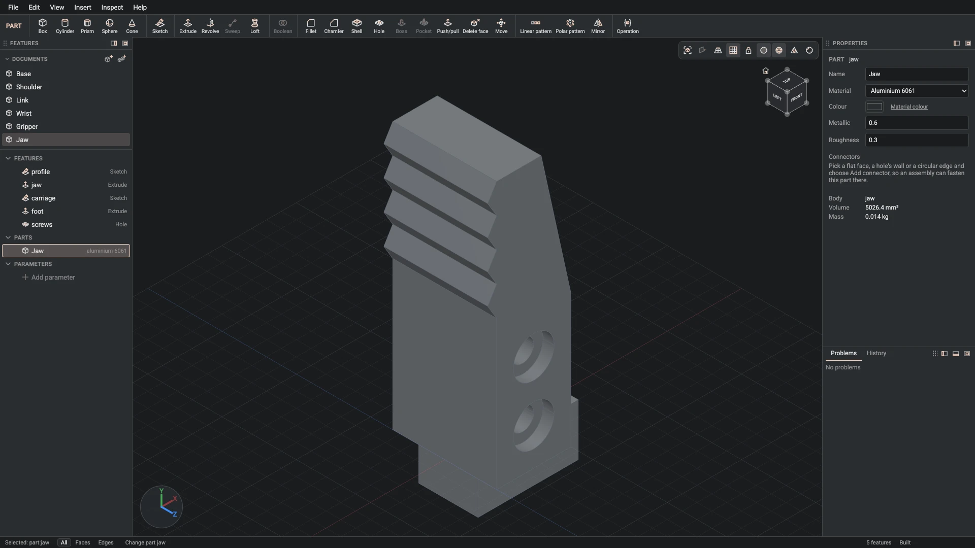 Model a desk robot arm, step 94: Part properties made, and what it made selected in the panels