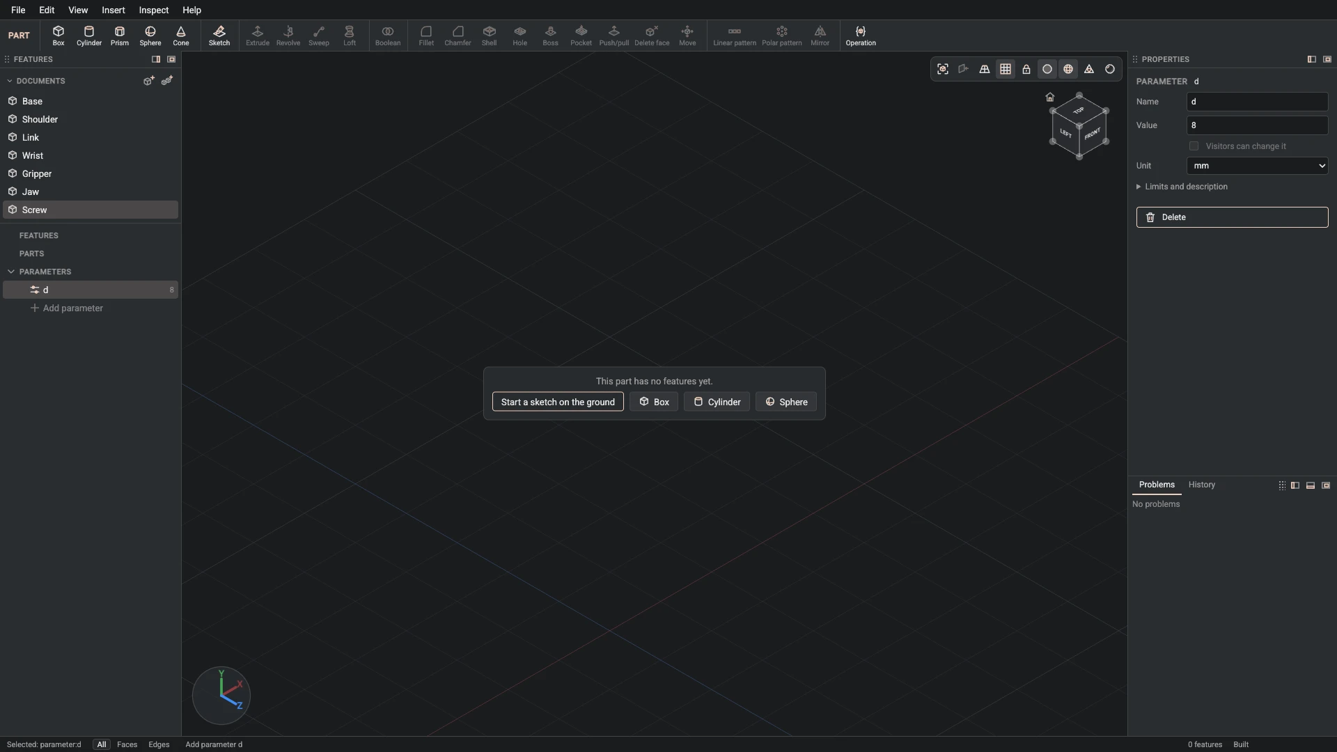 Model a desk robot arm, step 98: Parameter made, and what it made selected in the panels