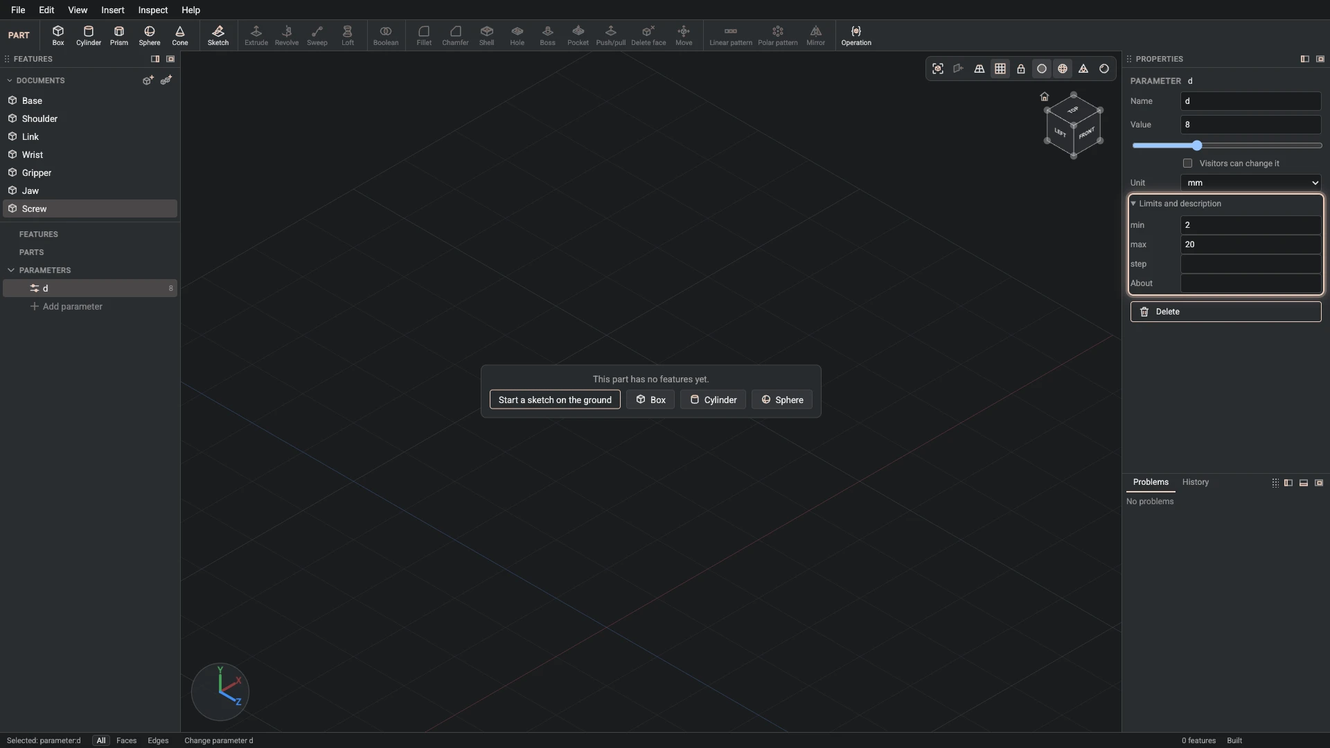 Model a desk robot arm, step 99: Change parameter made, and what it made selected in the panels