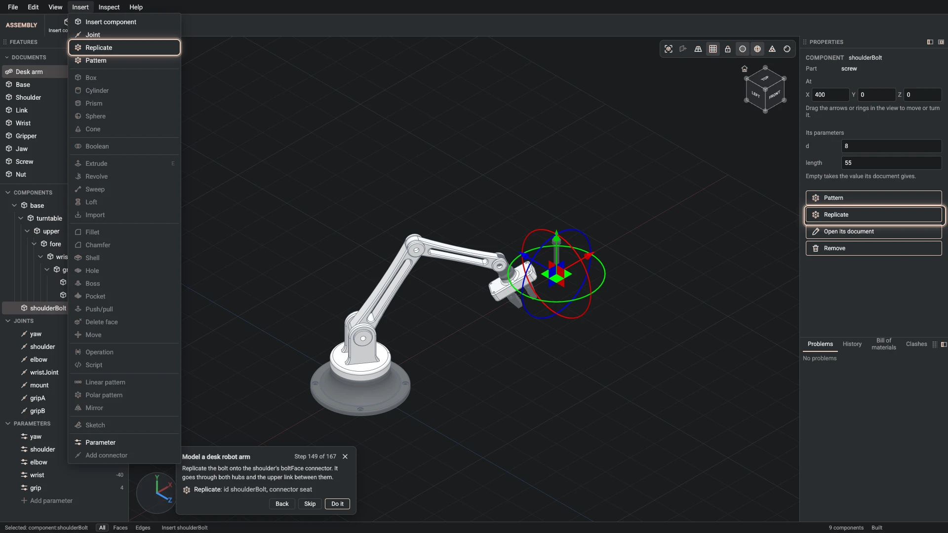 Model a desk robot arm: where Replicate is, ringed in its menu, the tutorial card ringing it on the toolbar too where it has a button