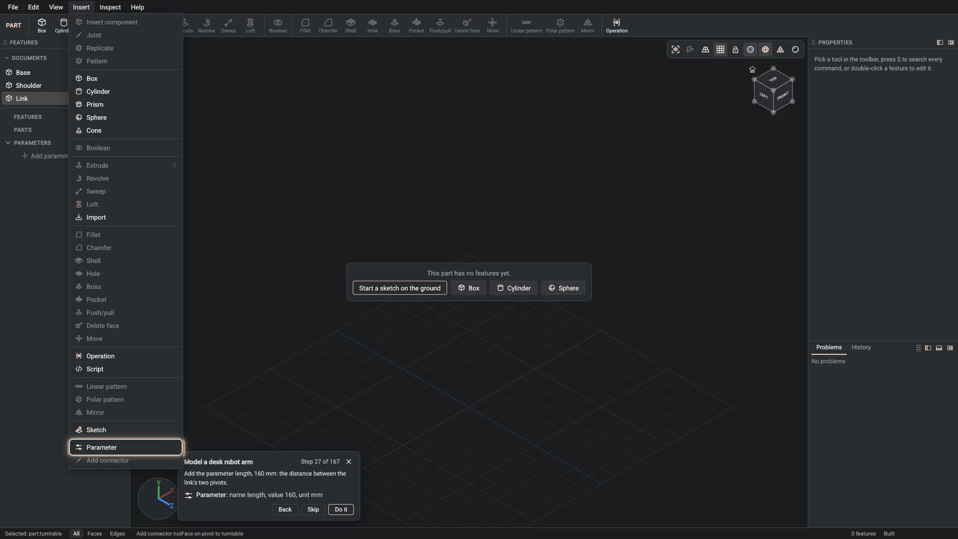 Model a desk robot arm: where Parameter is, ringed in its menu, the tutorial card ringing it on the toolbar too where it has a button