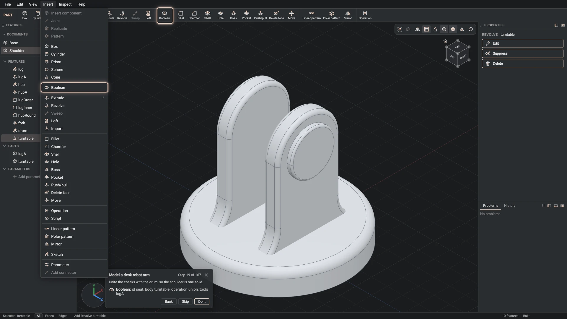 Model a desk robot arm: where Boolean is, ringed in its menu, the tutorial card ringing it on the toolbar too where it has a button