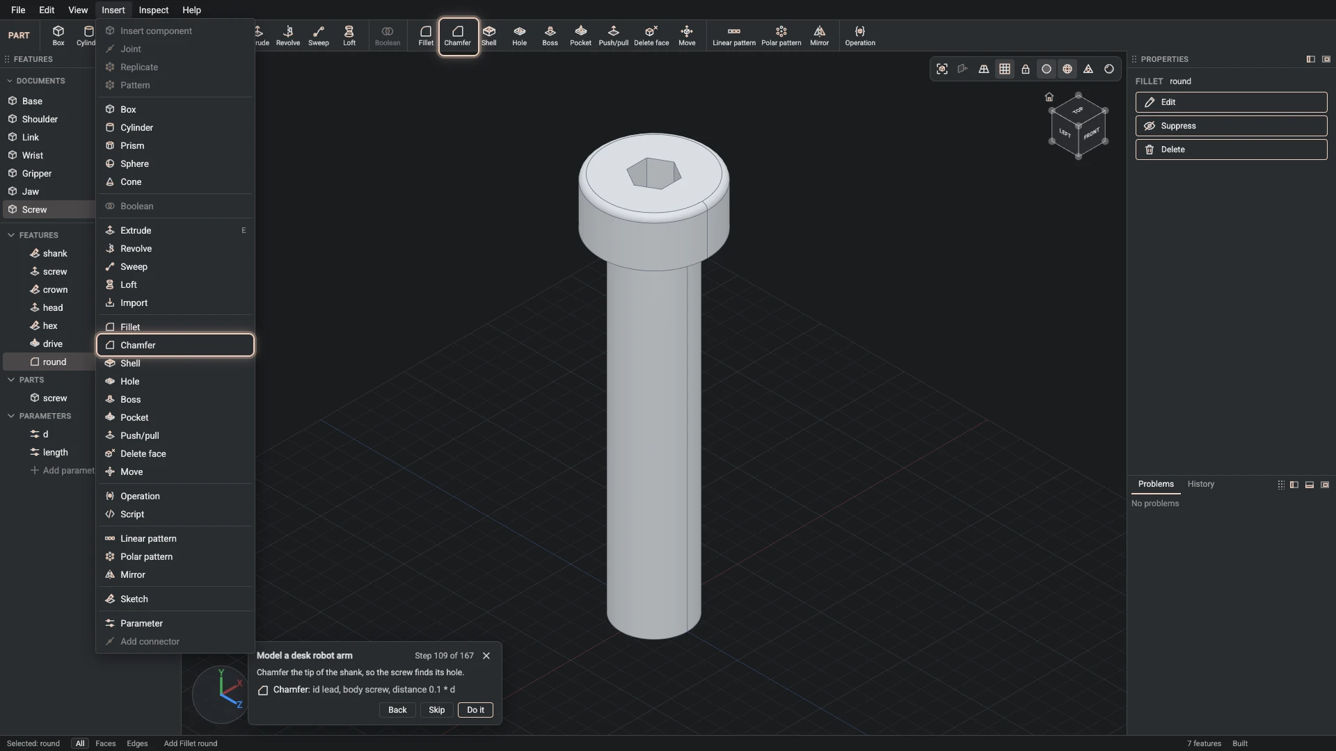 Model a desk robot arm: where Chamfer is, ringed in its menu, the tutorial card ringing it on the toolbar too where it has a button