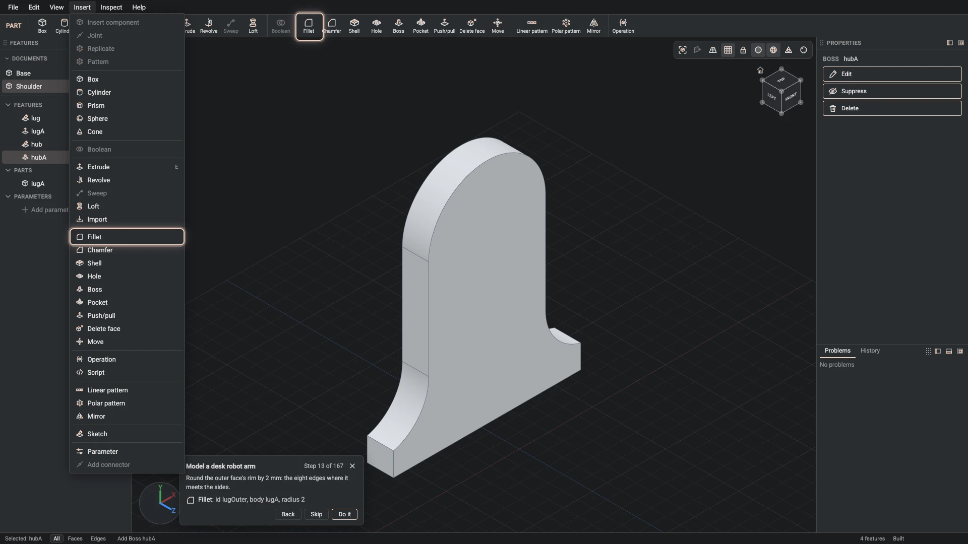 Model a desk robot arm: where Fillet is, ringed in its menu, the tutorial card ringing it on the toolbar too where it has a button