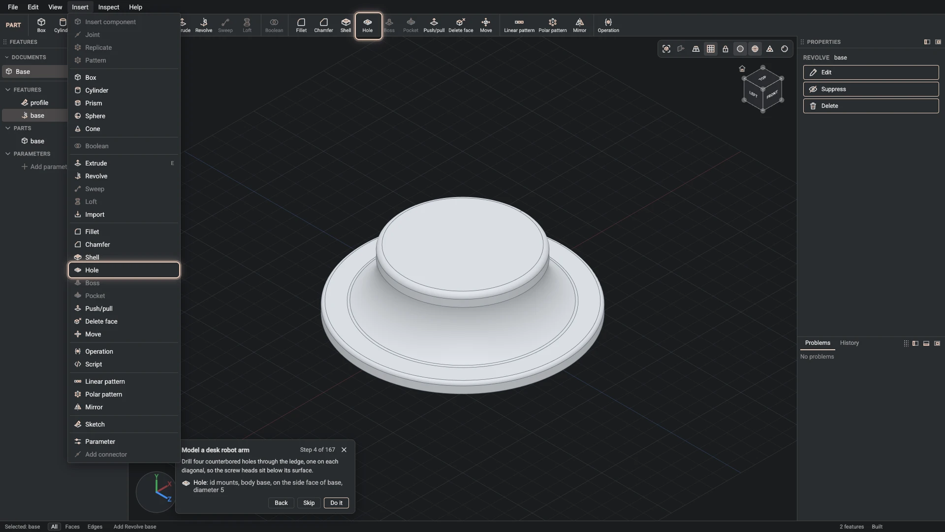 Model a desk robot arm: where Hole is, ringed in its menu, the tutorial card ringing it on the toolbar too where it has a button