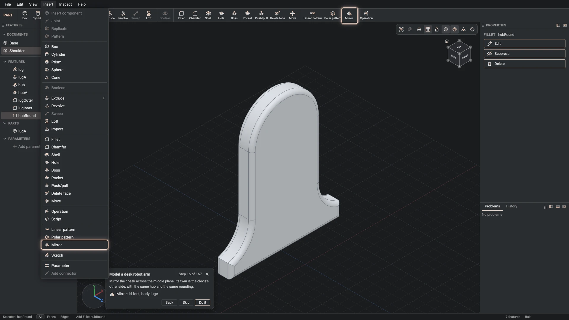 Model a desk robot arm: where Mirror is, ringed in its menu, the tutorial card ringing it on the toolbar too where it has a button