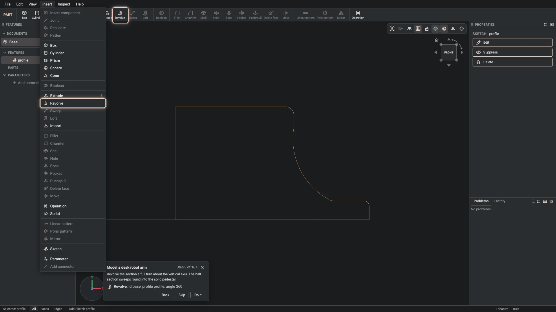 Model a desk robot arm: where Revolve is, ringed in its menu, the tutorial card ringing it on the toolbar too where it has a button
