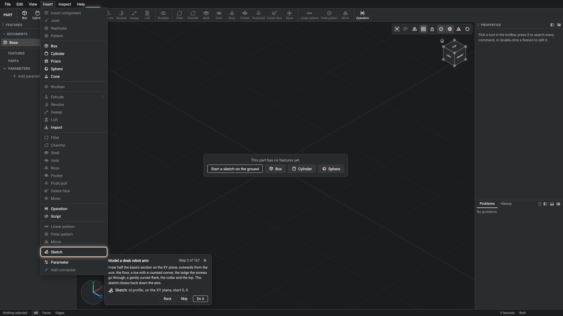 Model a desk robot arm: where Sketch is, ringed in its menu, the tutorial card ringing it on the toolbar too where it has a button