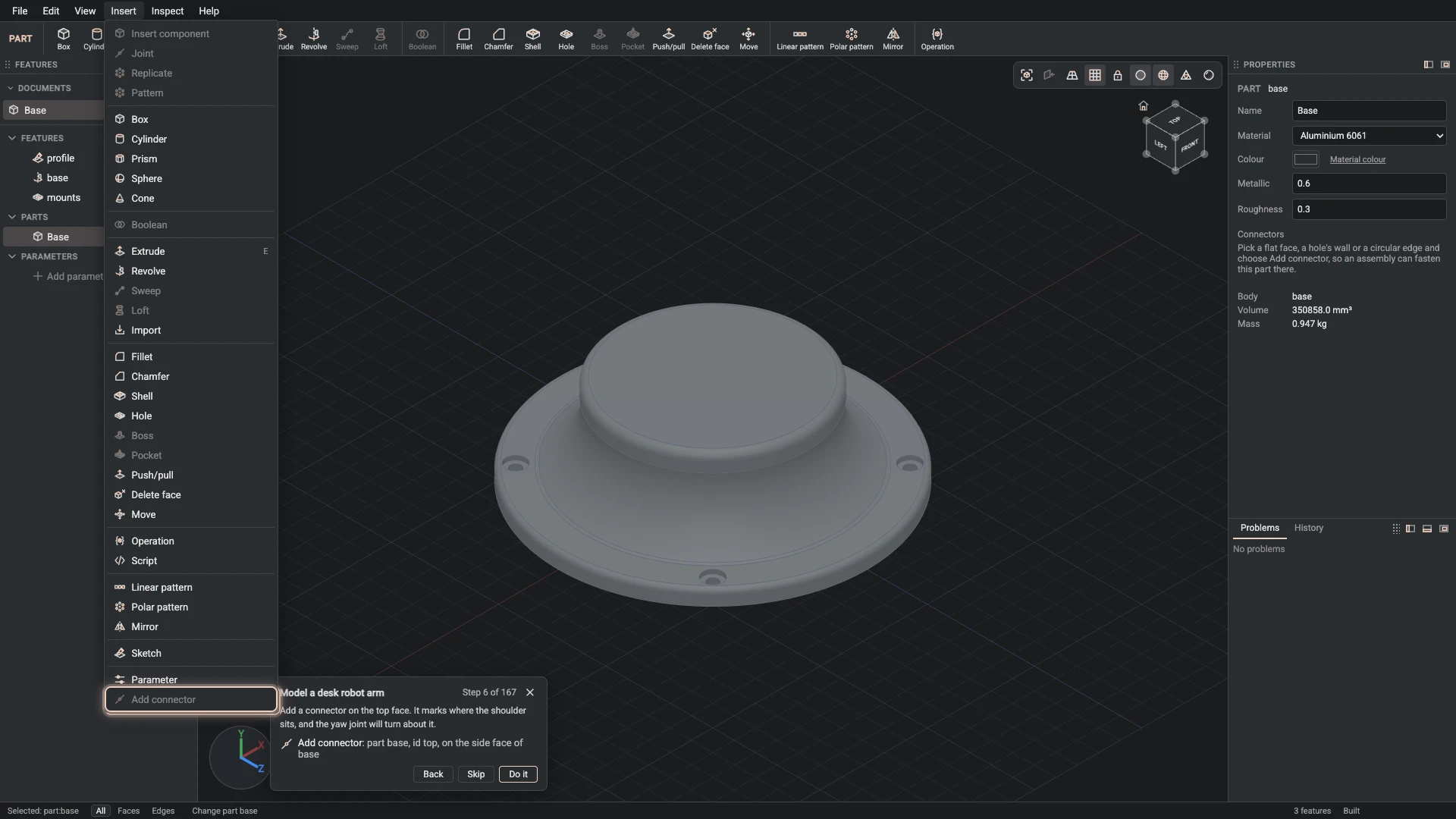 Model a desk robot arm: where Add connector is, ringed in its menu, the tutorial card ringing it on the toolbar too where it has a button