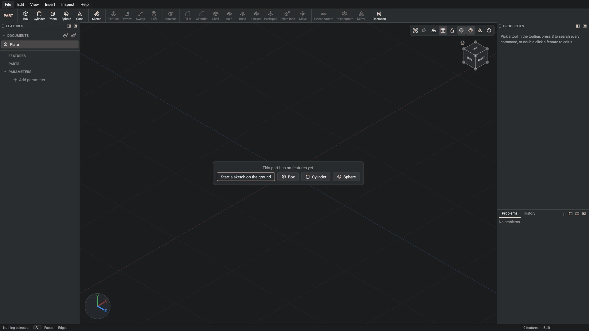 Make your first part, step 1: New part made, and what it made selected in the panels