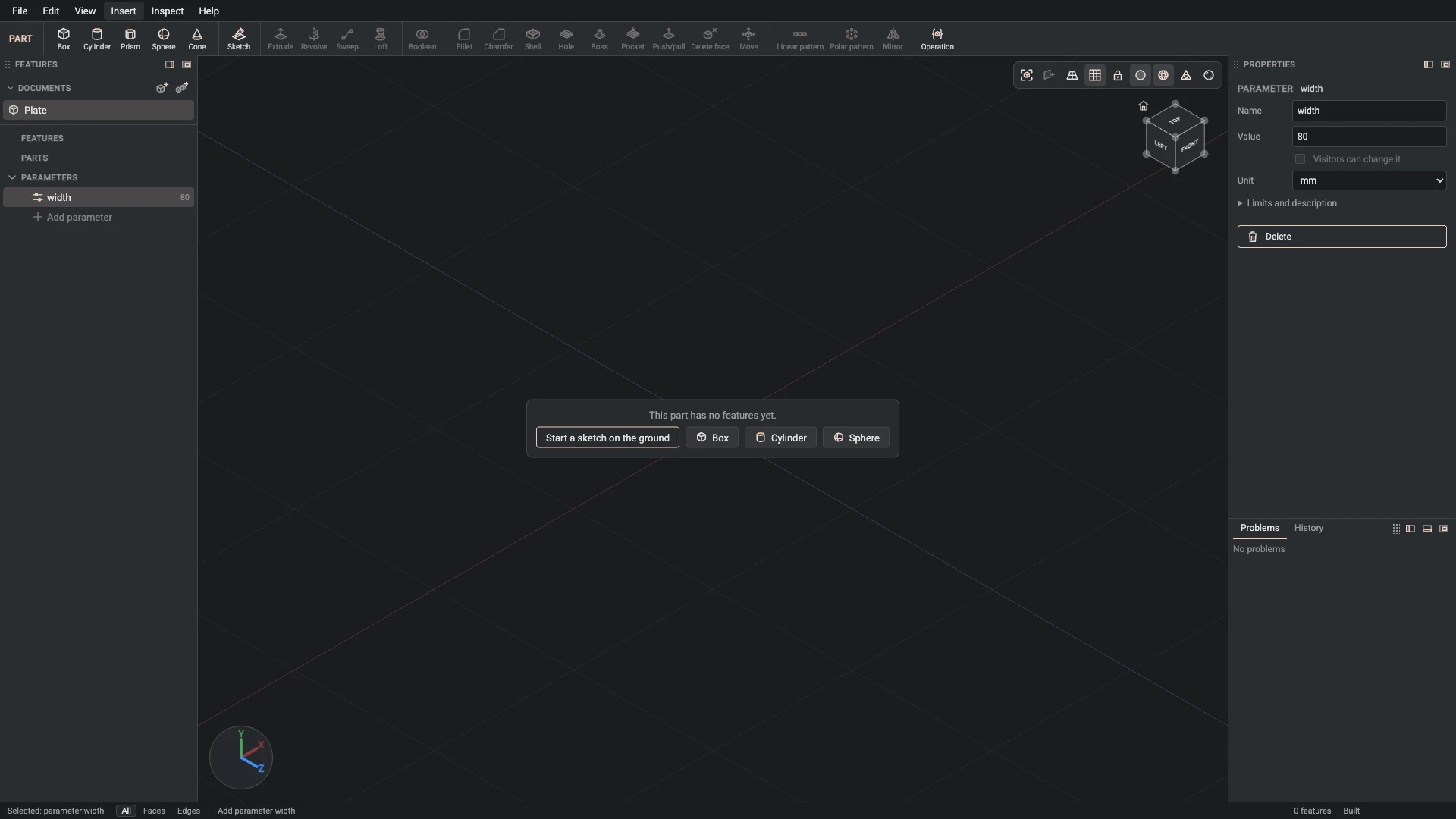 Make your first part, step 2: Parameter made, and what it made selected in the panels