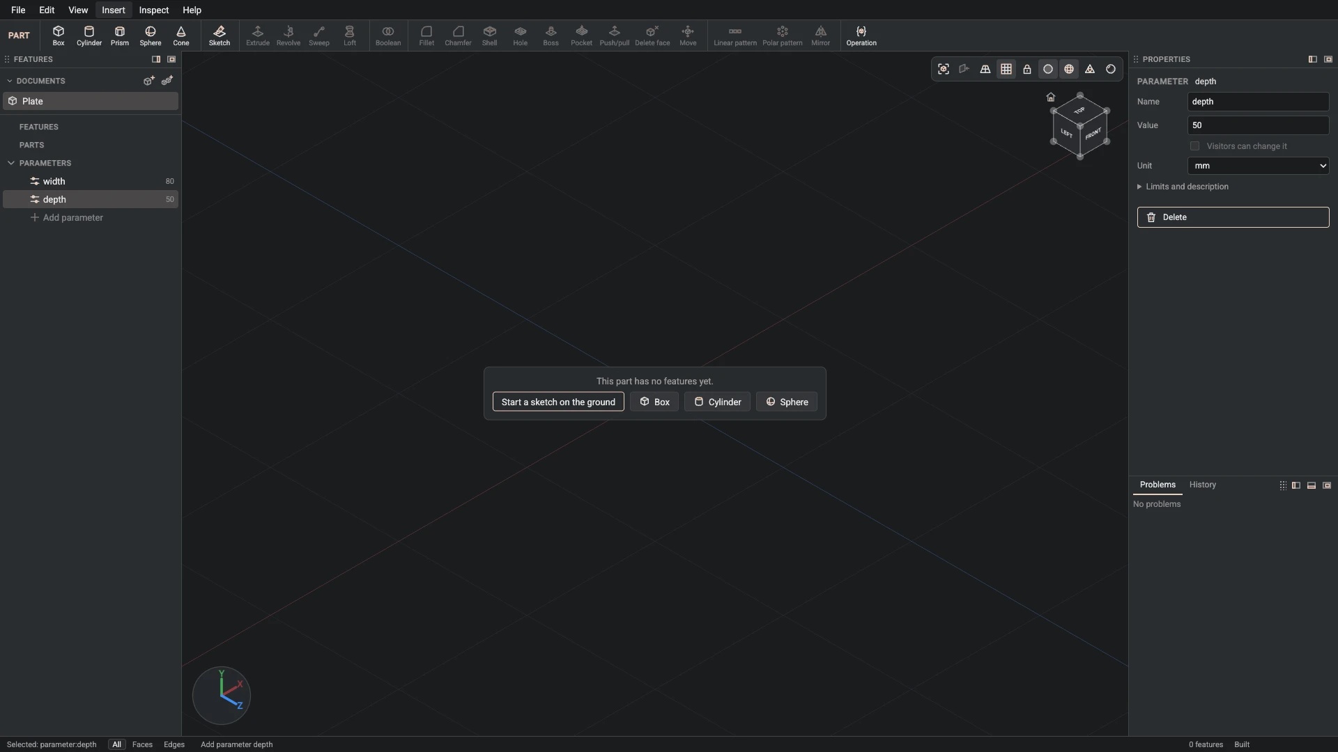 Make your first part, step 3: Parameter made, and what it made selected in the panels