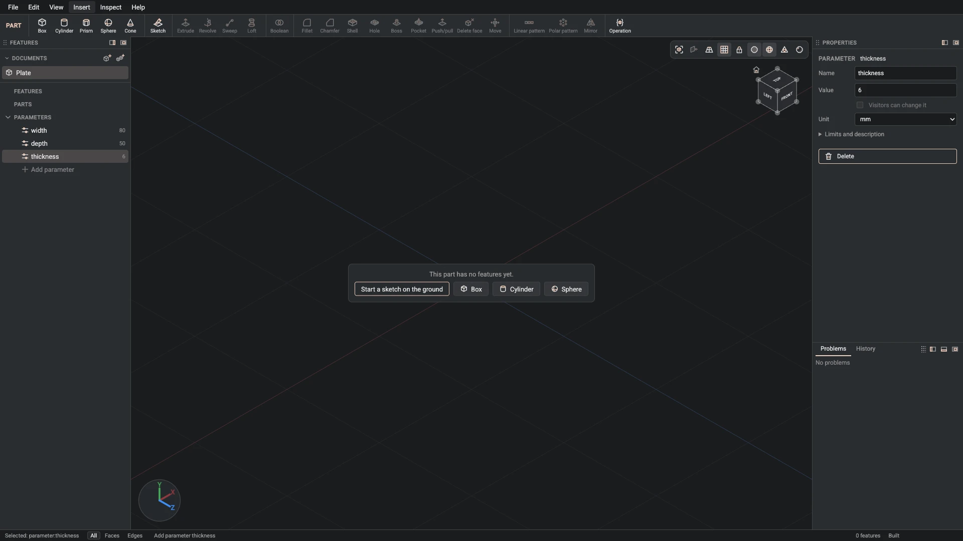 Make your first part, step 4: Parameter made, and what it made selected in the panels