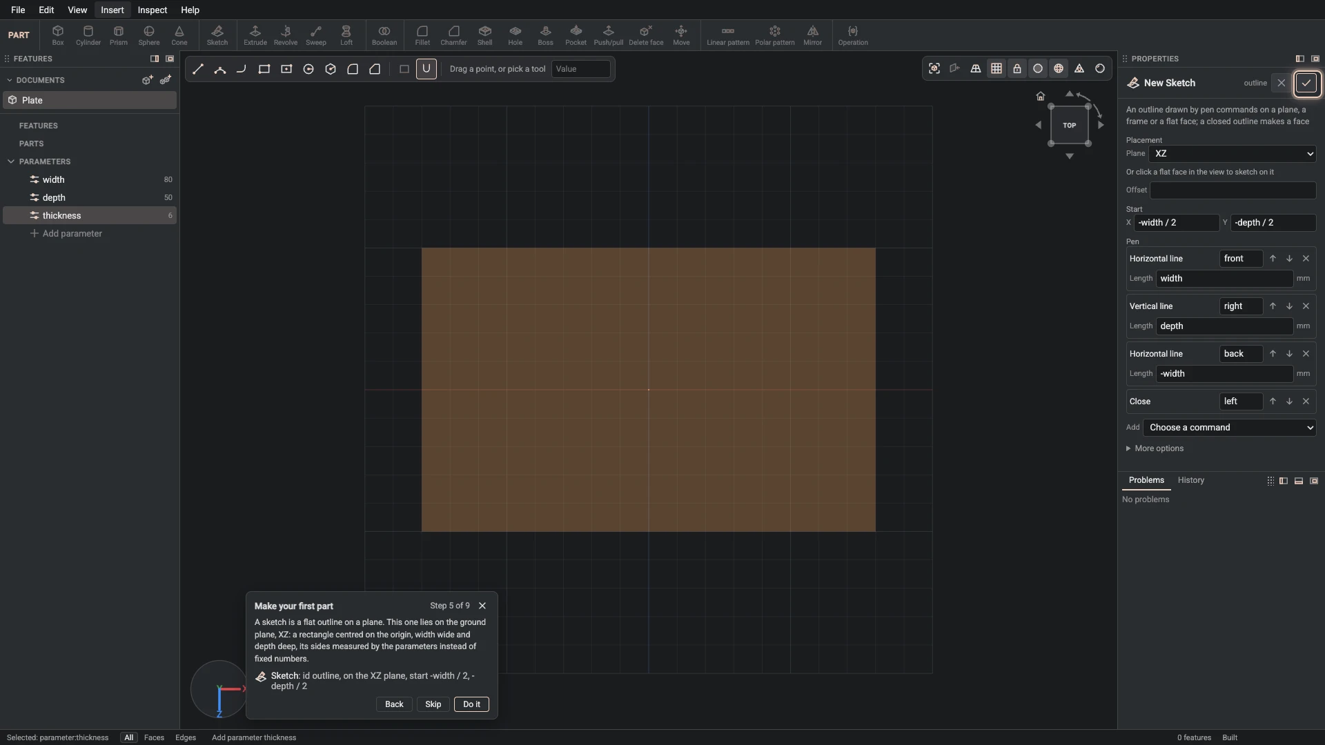 Make your first part, step 5: the Sketch dialog filled in with the step's values, the tutorial card beside it ringing OK