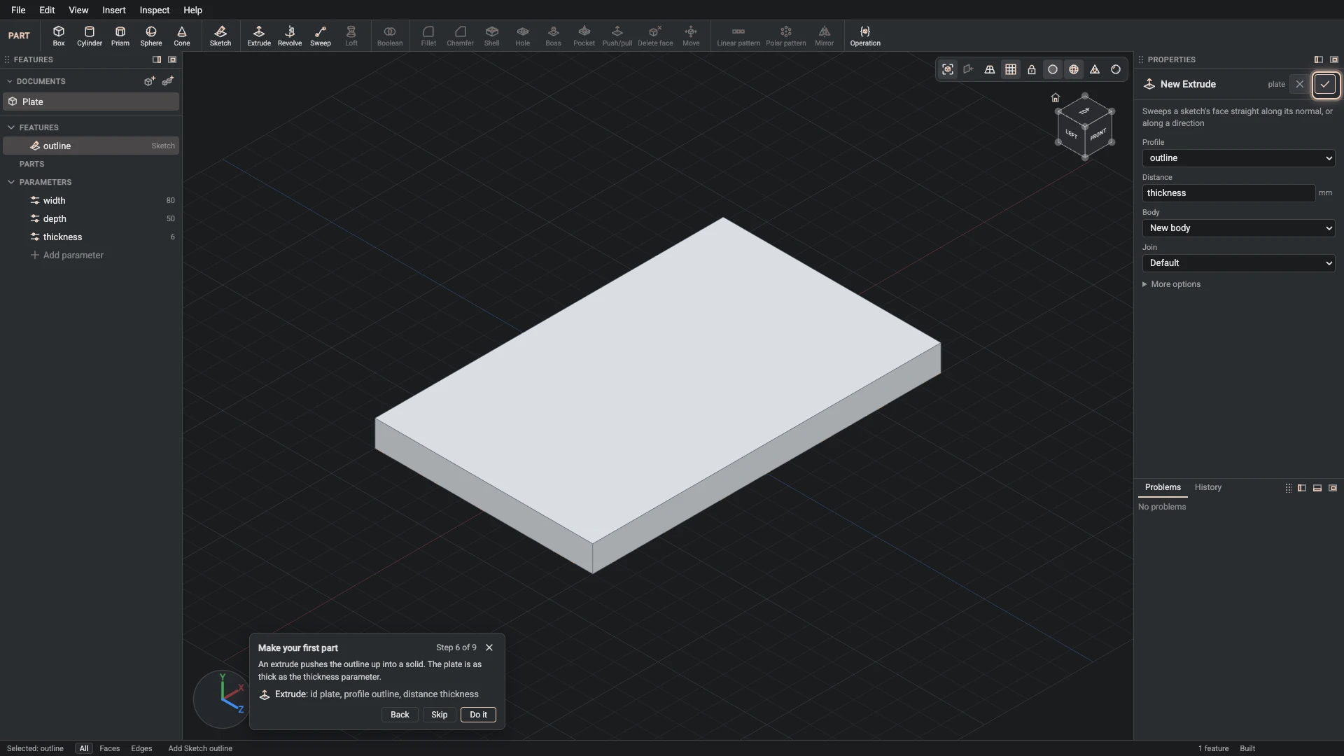 Make your first part, step 6: the Extrude dialog filled in with the step's values, the tutorial card beside it ringing OK