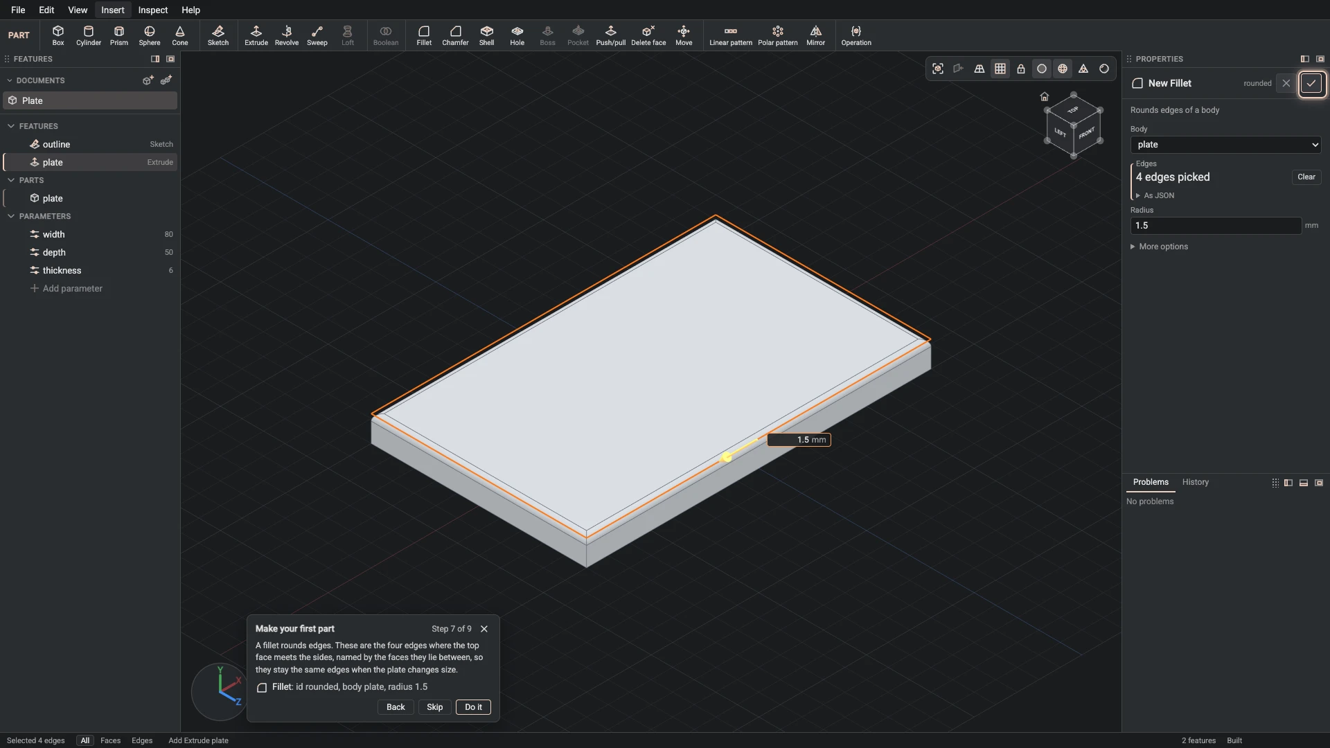 Make your first part, step 7: the Fillet dialog filled in with the step's values, the tutorial card beside it ringing OK