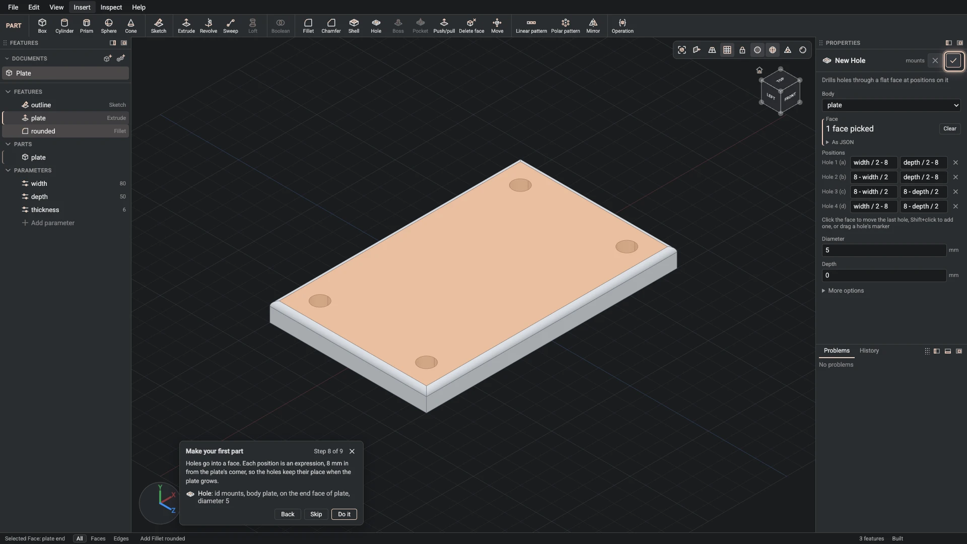 Make your first part, step 8: the Hole dialog filled in with the step's values, the tutorial card beside it ringing OK