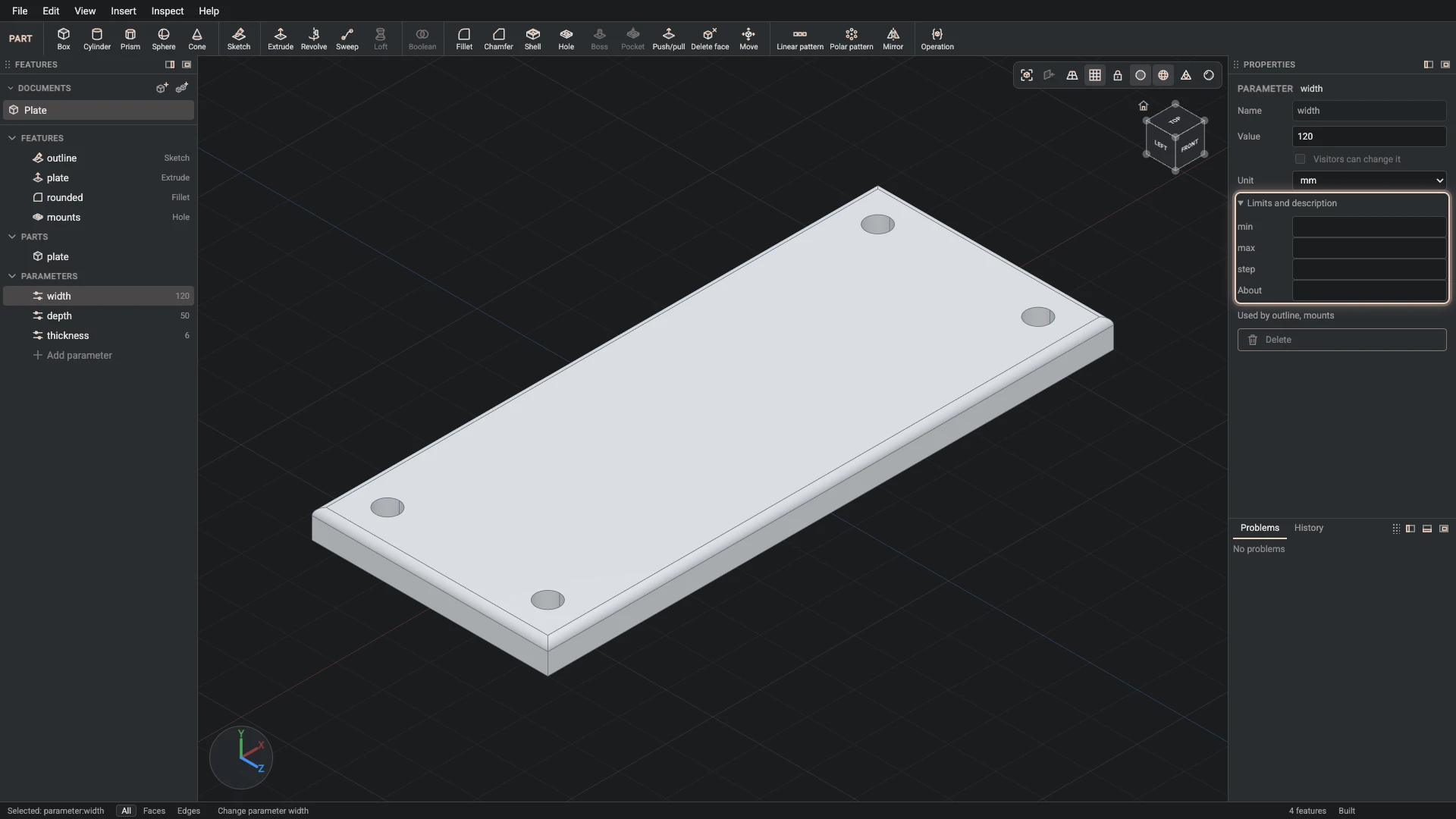 Make your first part, step 9: Change parameter made, and what it made selected in the panels