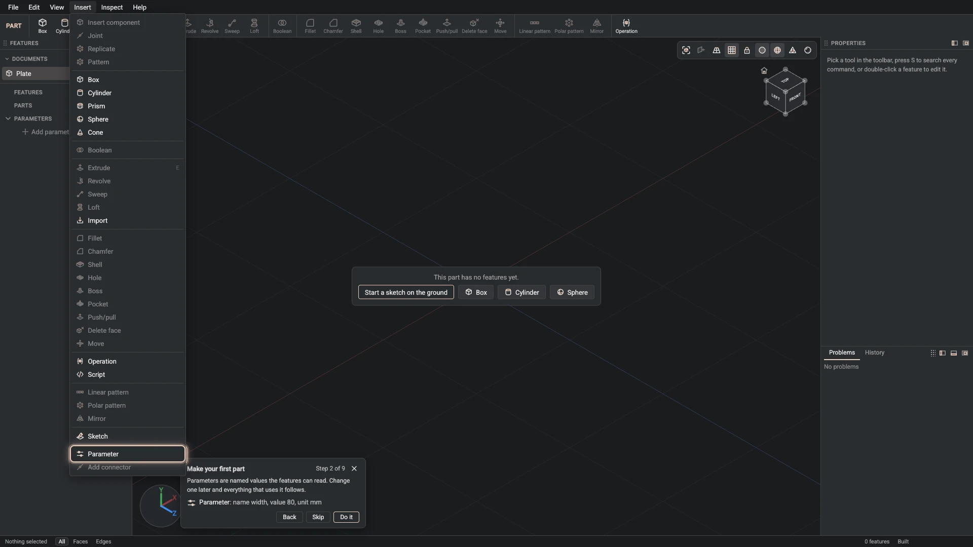 Make your first part: where Parameter is, ringed in its menu, the tutorial card ringing it on the toolbar too where it has a button