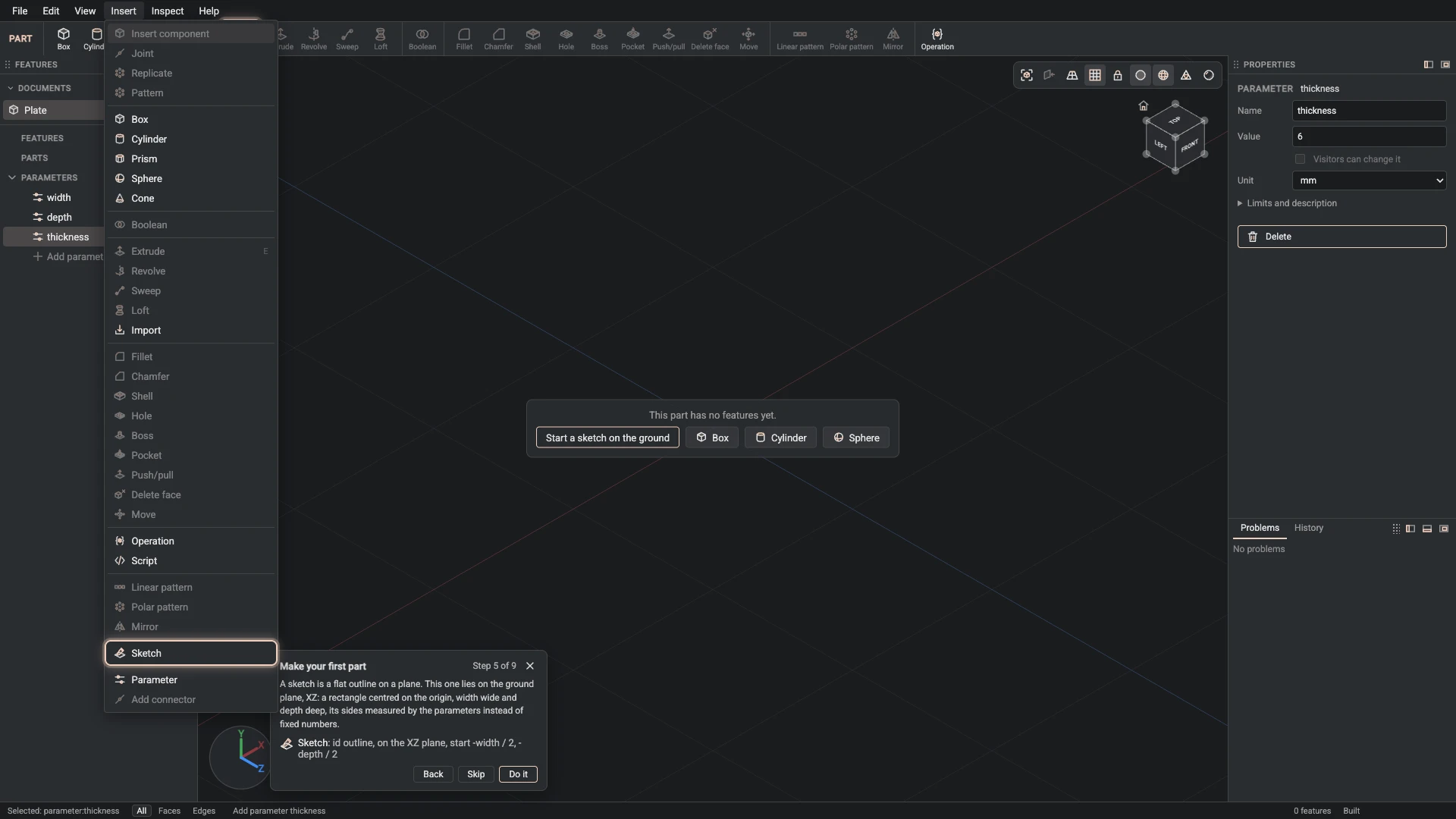 Make your first part: where Sketch is, ringed in its menu, the tutorial card ringing it on the toolbar too where it has a button