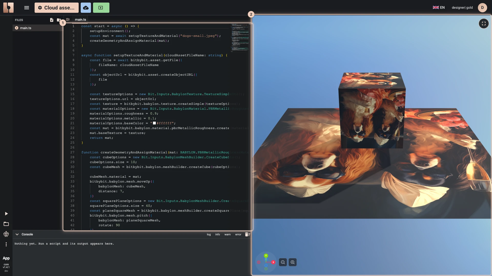 The textures page's TypeScript in a script of the cloud project that holds dogs-small.jpeg, run: the photograph as a texture on a cube and on the plane under it
