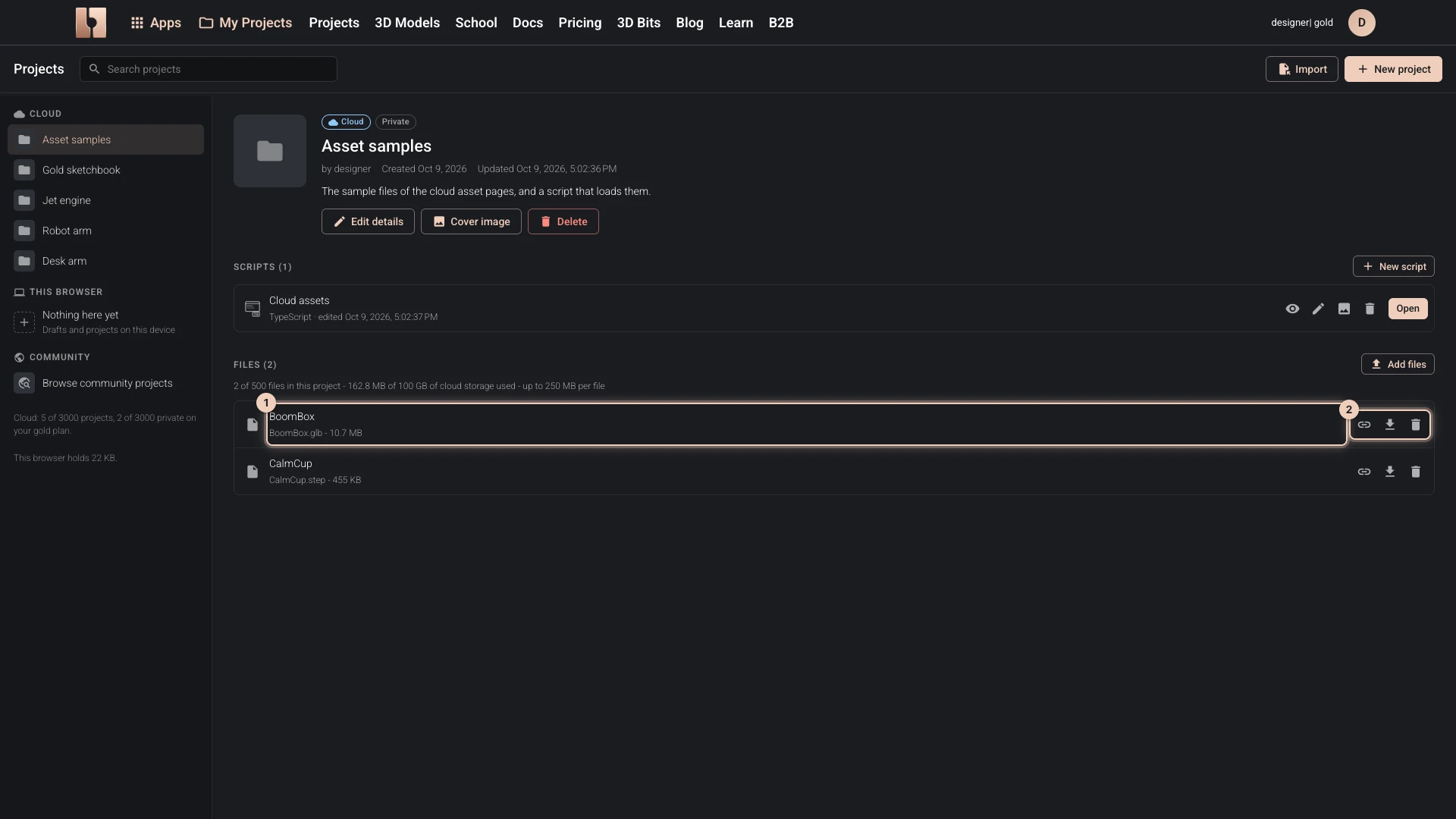 The project's two files under their titles, each with its file name and size, and the buttons that copy its address, download it and delete it