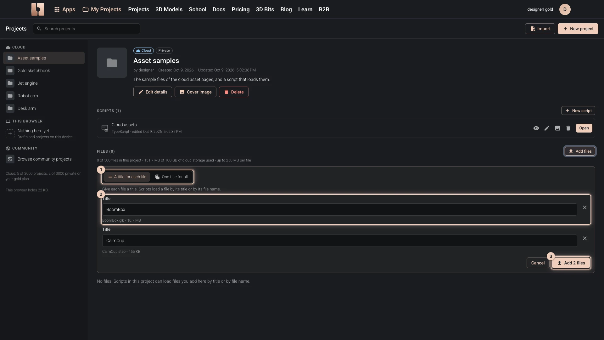 Adding BoomBox.glb and CalmCup.step: a title for each file, BoomBox and CalmCup, and the button that adds the two files