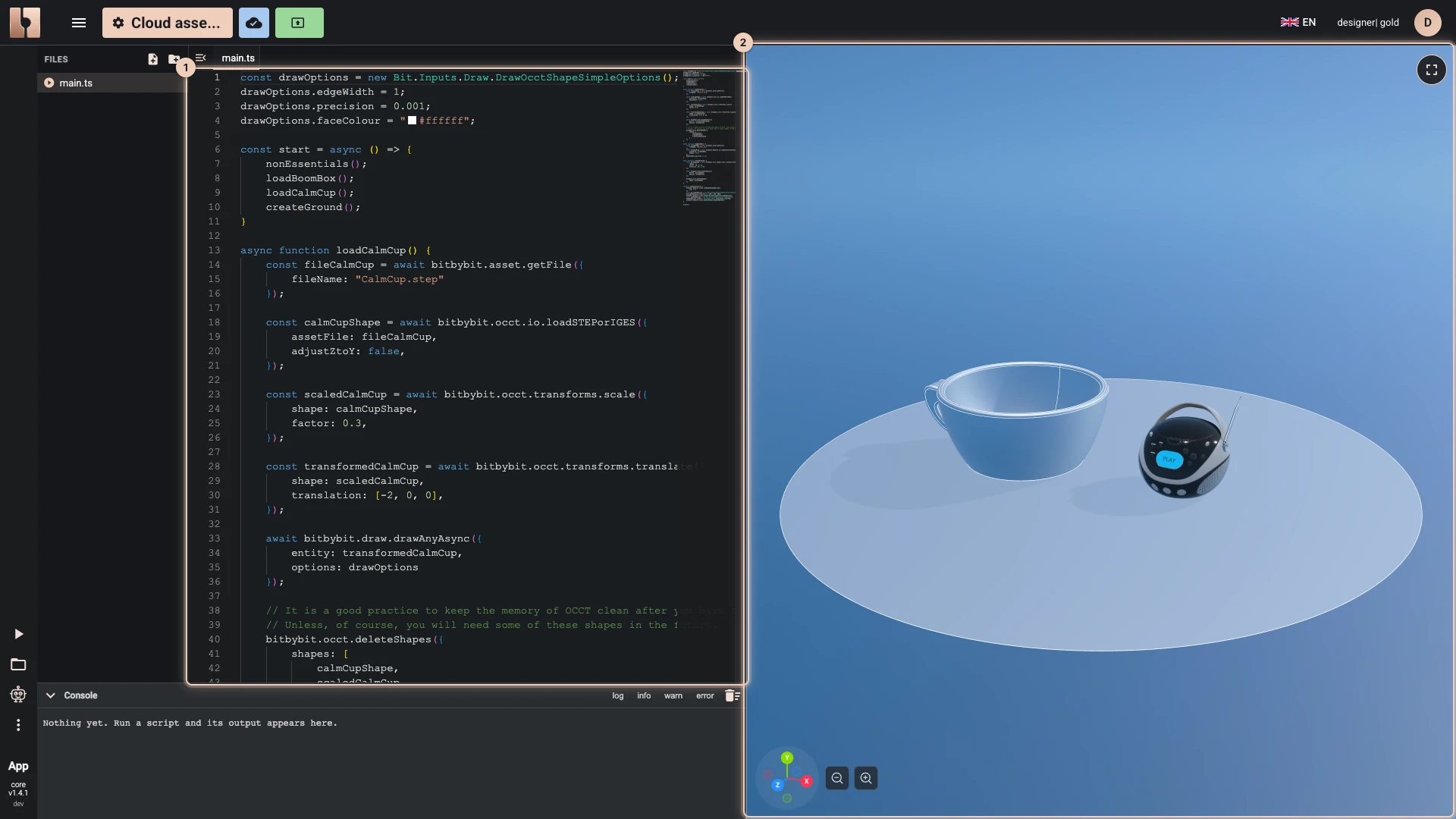 The using page's TypeScript in a script of the cloud project that holds the two files, run: the BoomBox glTF model and the CalmCup STEP part on a round ground