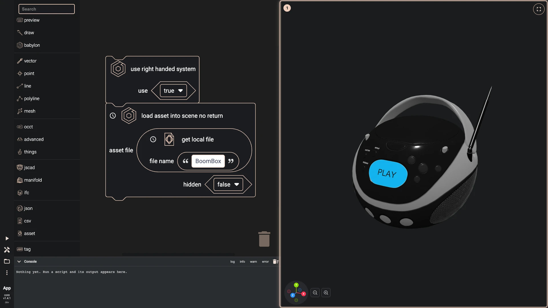The page's Blockly script after Run The Code: the BoomBox glTF model read from this browser's local assets and drawn beside the script