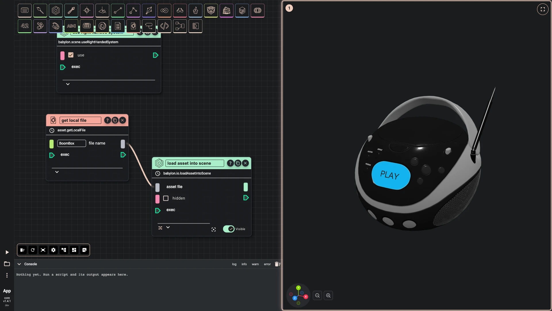 The page's Rete script after Run The Code: the BoomBox glTF model read from this browser's local assets and drawn beside the script