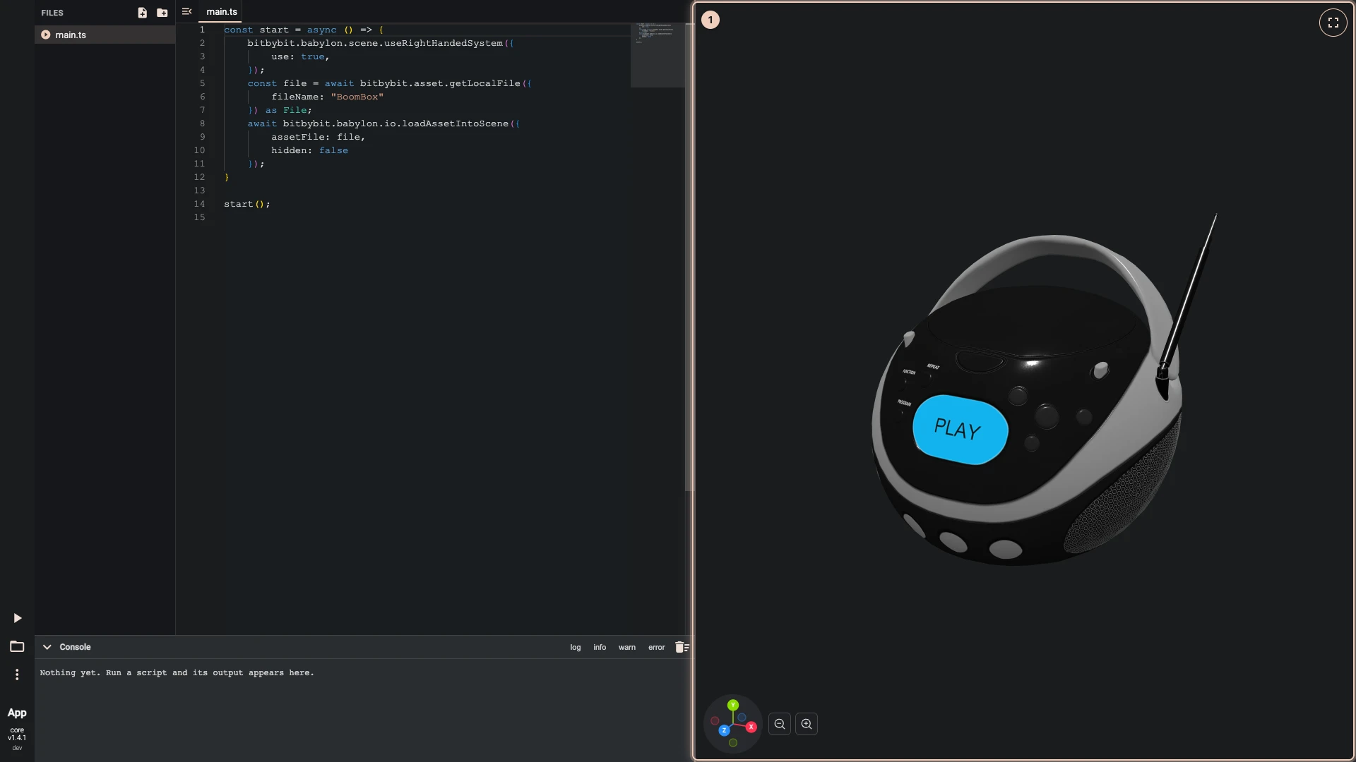The page's TypeScript script after Run The Code: the BoomBox glTF model read from this browser's local assets and drawn beside the script